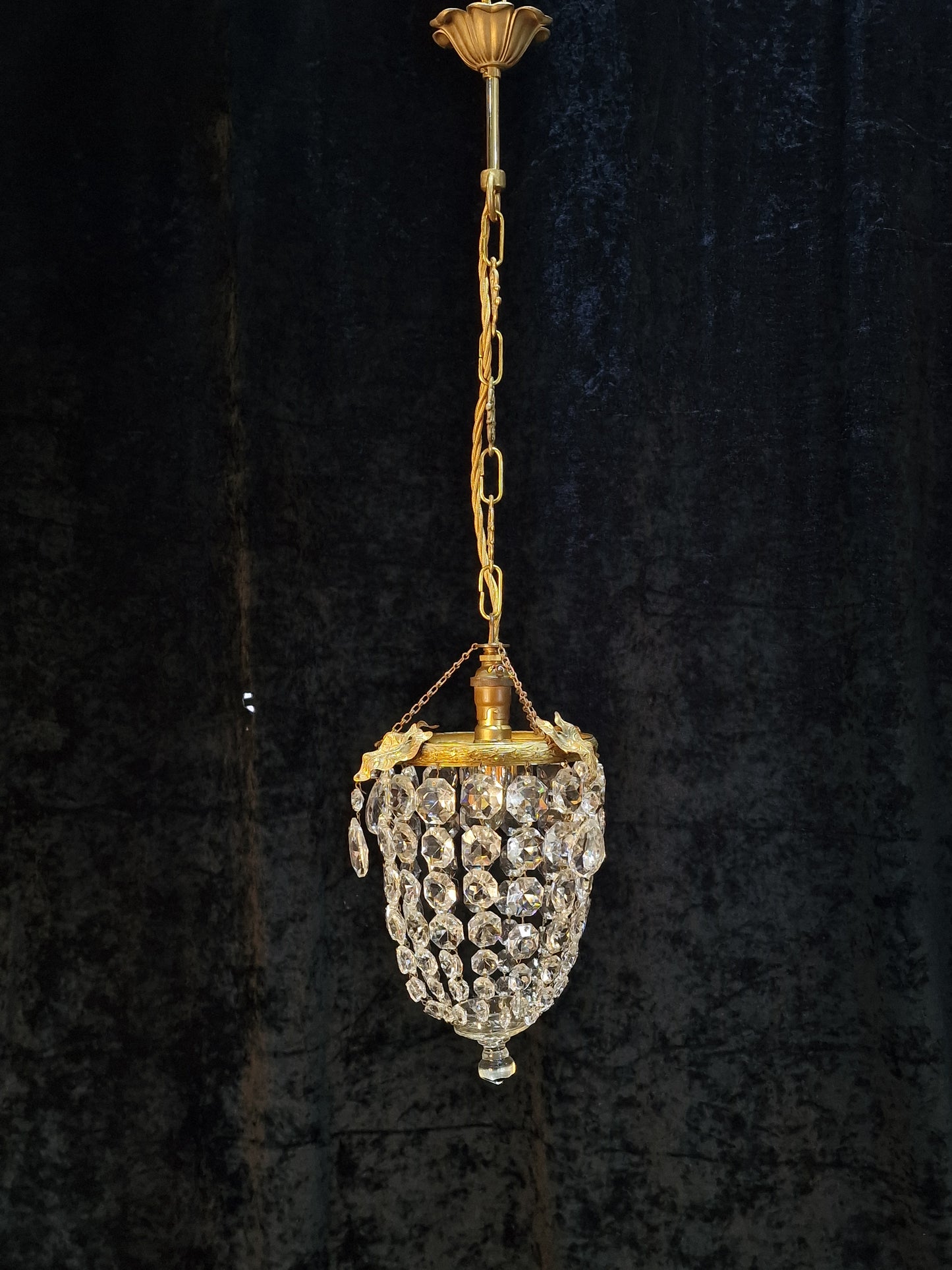 Lovely Antique French Brass Dainty 1 Light Crystal Glass Bag Leaf Chandelier