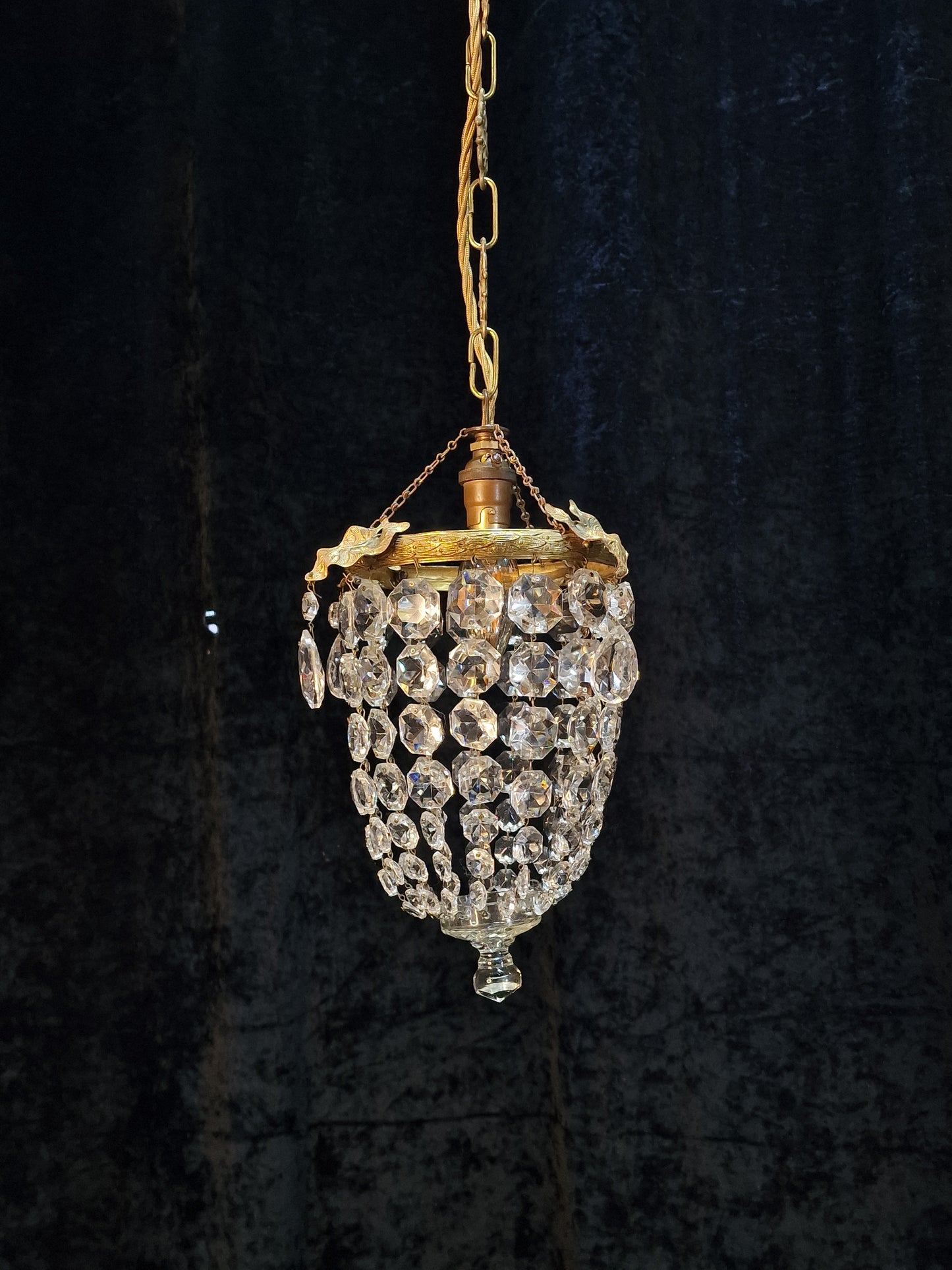 Lovely Antique French Brass Dainty 1 Light Crystal Glass Bag Leaf Chandelier