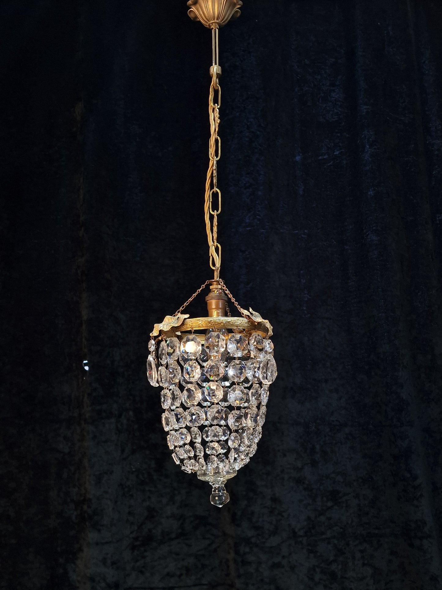 Lovely Antique French Brass Dainty 1 Light Crystal Glass Bag Leaf Chandelier