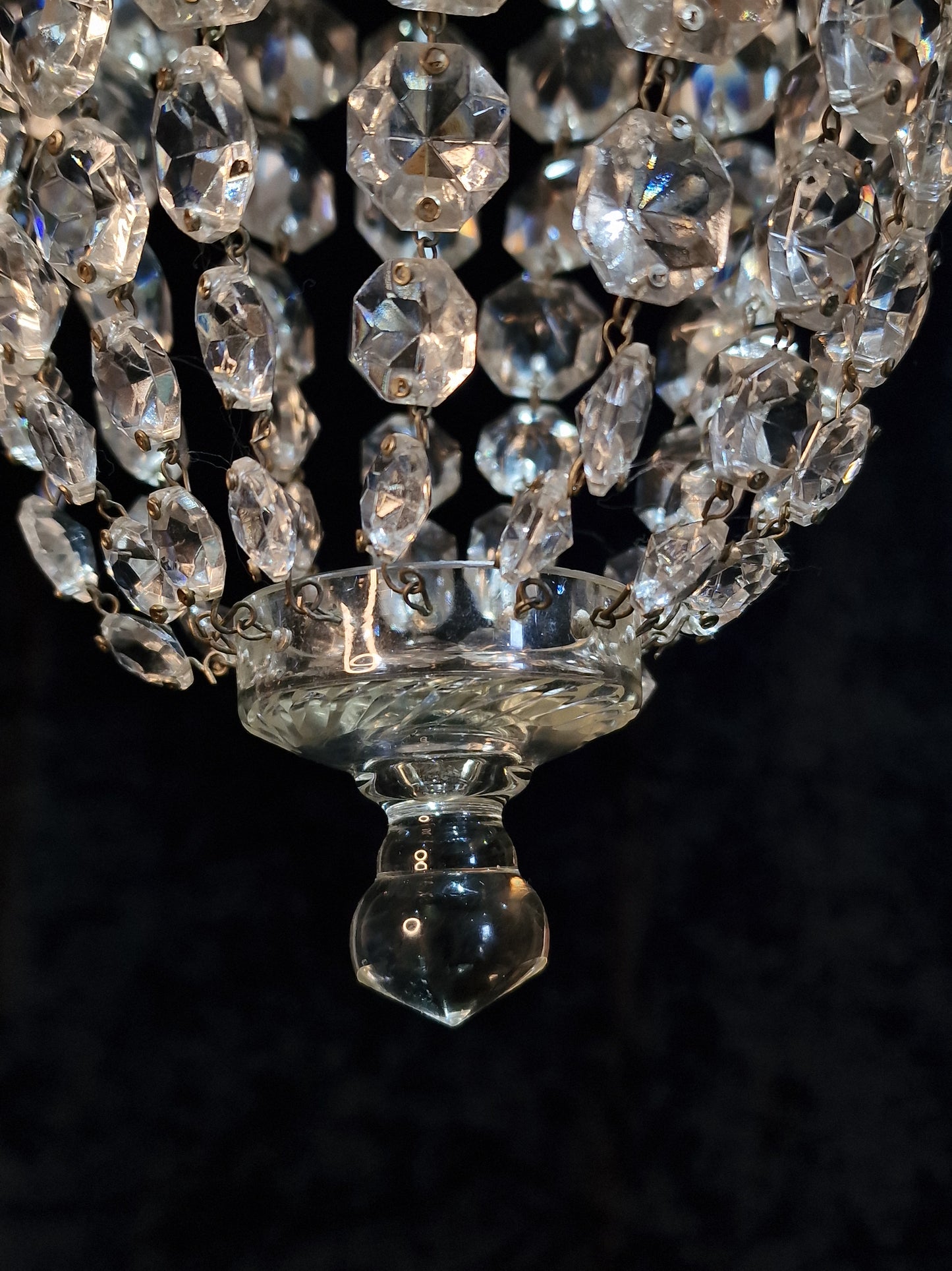 Lovely Antique French Brass Dainty 1 Light Crystal Glass Bag Leaf Chandelier