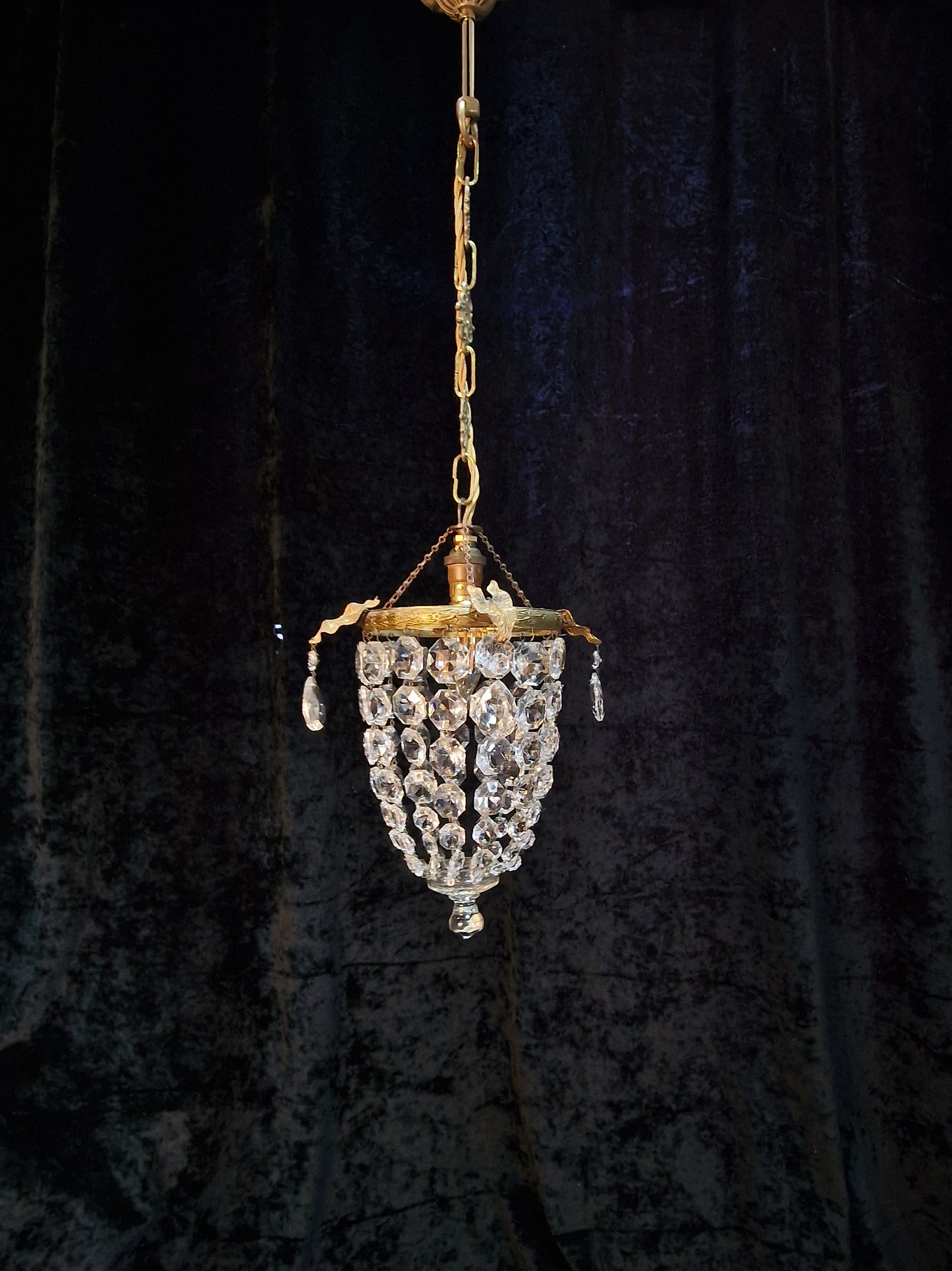 Lovely Antique French Brass Dainty 1 Light Crystal Glass Bag Leaf Chandelier