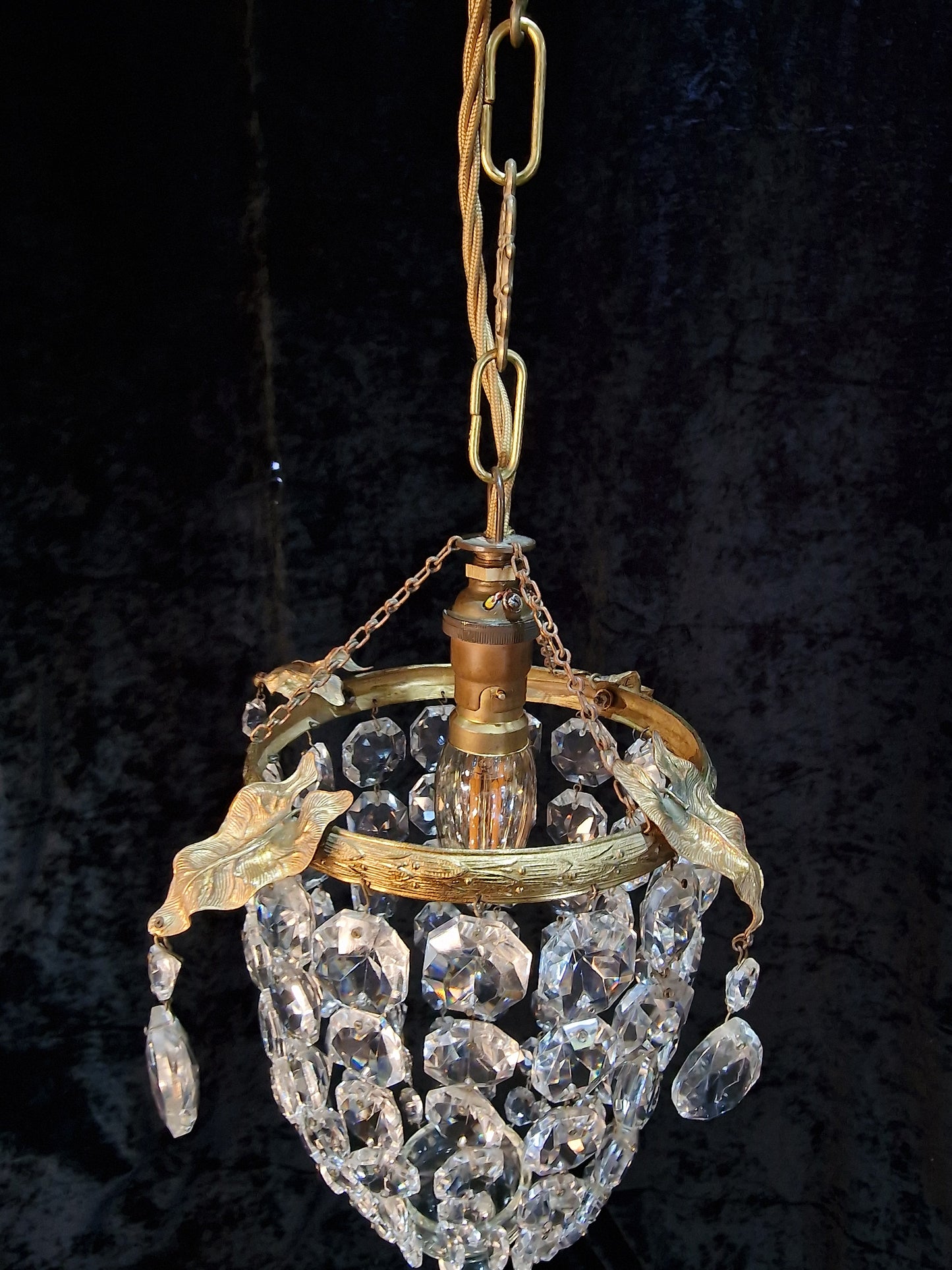 Lovely Antique French Brass Dainty 1 Light Crystal Glass Bag Leaf Chandelier