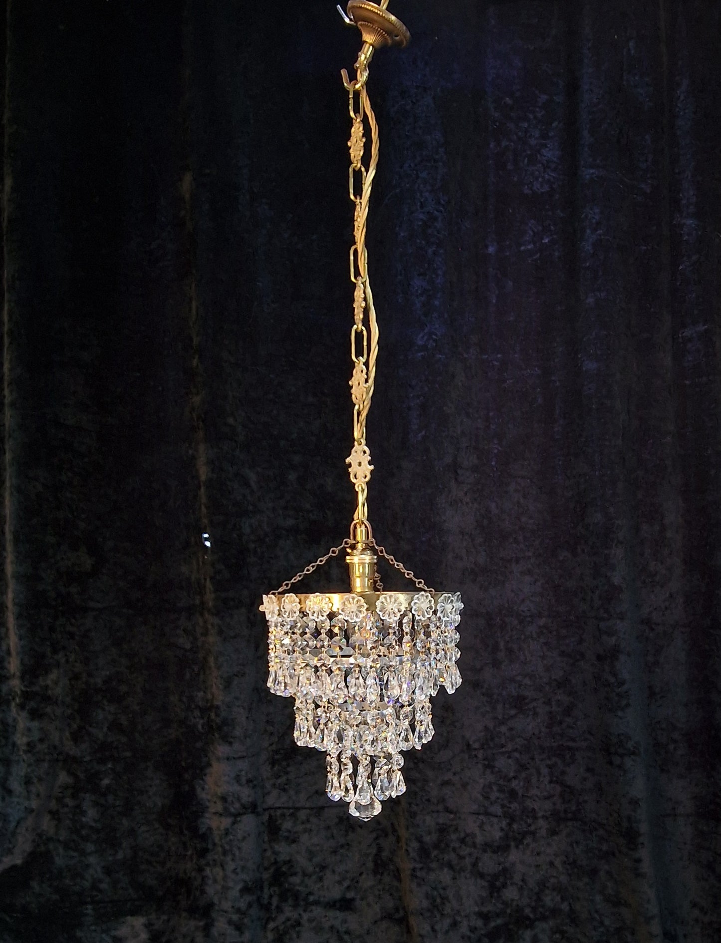 RESERVED Beautiful Vintage French Crystal Brass 3 Tier Waterfall Chandelier Ceiling Light