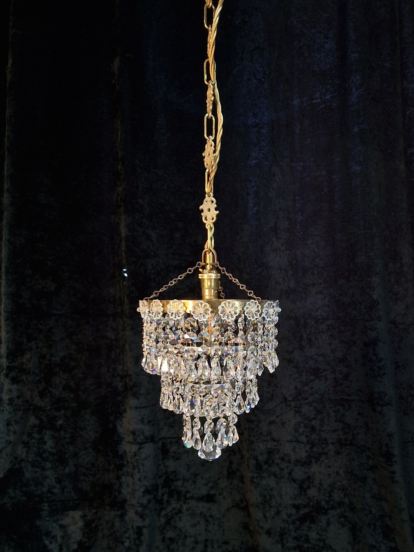 RESERVED Beautiful Vintage French Crystal Brass 3 Tier Waterfall Chandelier Ceiling Light