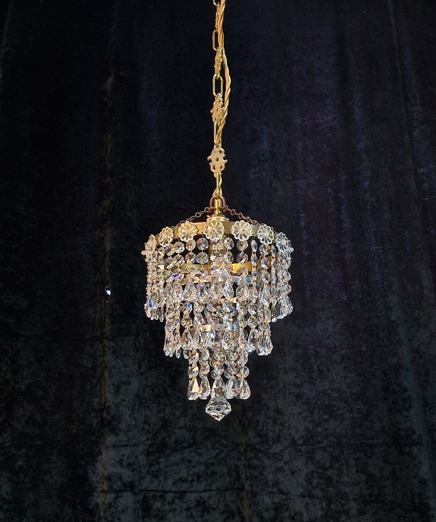 RESERVED Beautiful Vintage French Crystal Brass 3 Tier Waterfall Chandelier Ceiling Light