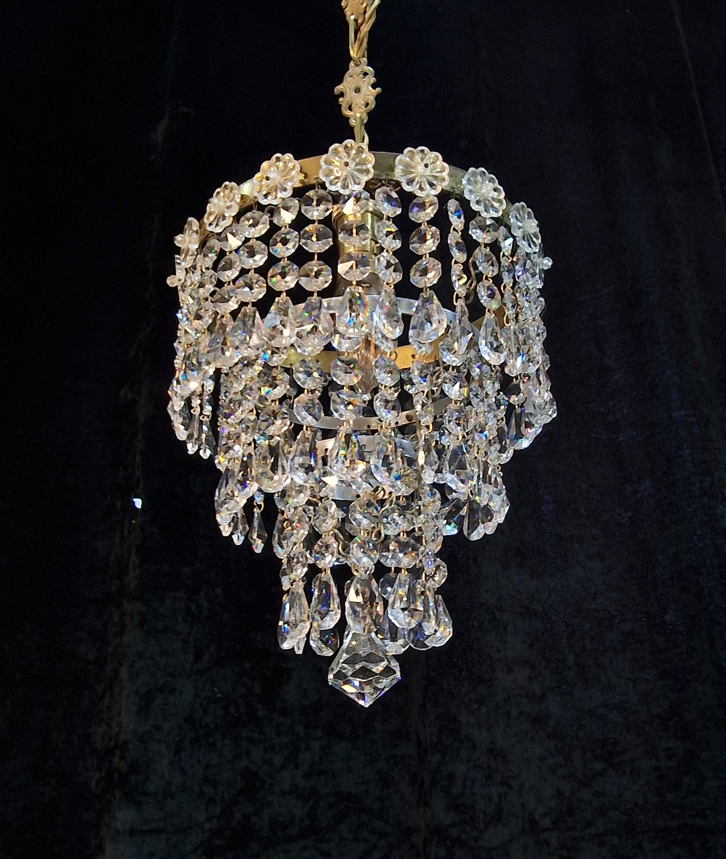 RESERVED Beautiful Vintage French Crystal Brass 3 Tier Waterfall Chandelier Ceiling Light