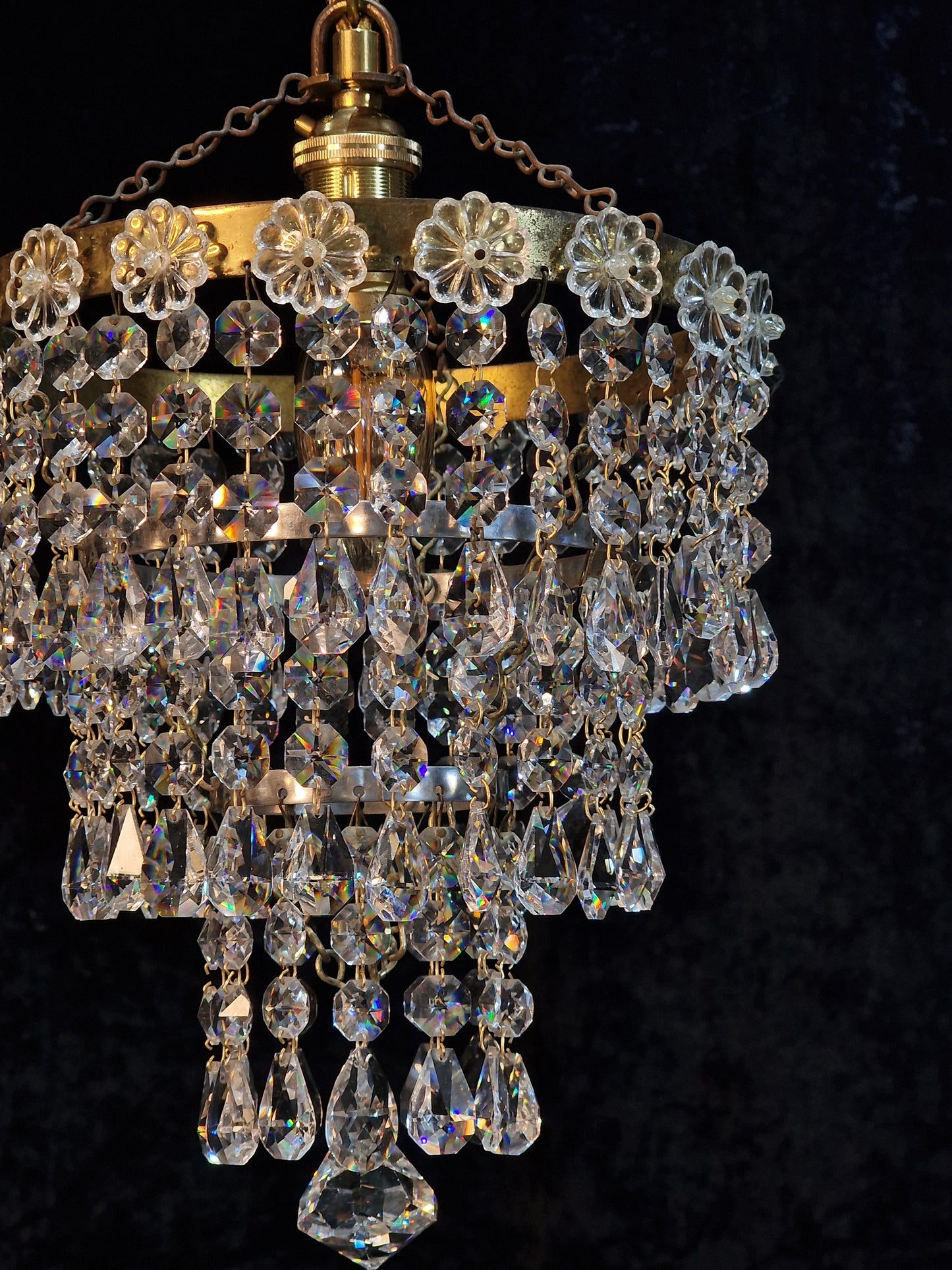 RESERVED Beautiful Vintage French Crystal Brass 3 Tier Waterfall Chandelier Ceiling Light