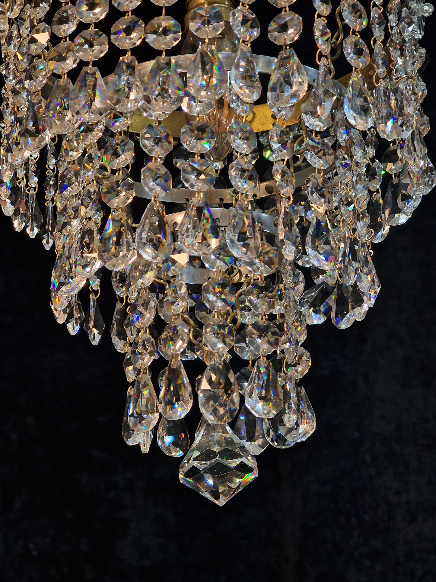RESERVED Beautiful Vintage French Crystal Brass 3 Tier Waterfall Chandelier Ceiling Light