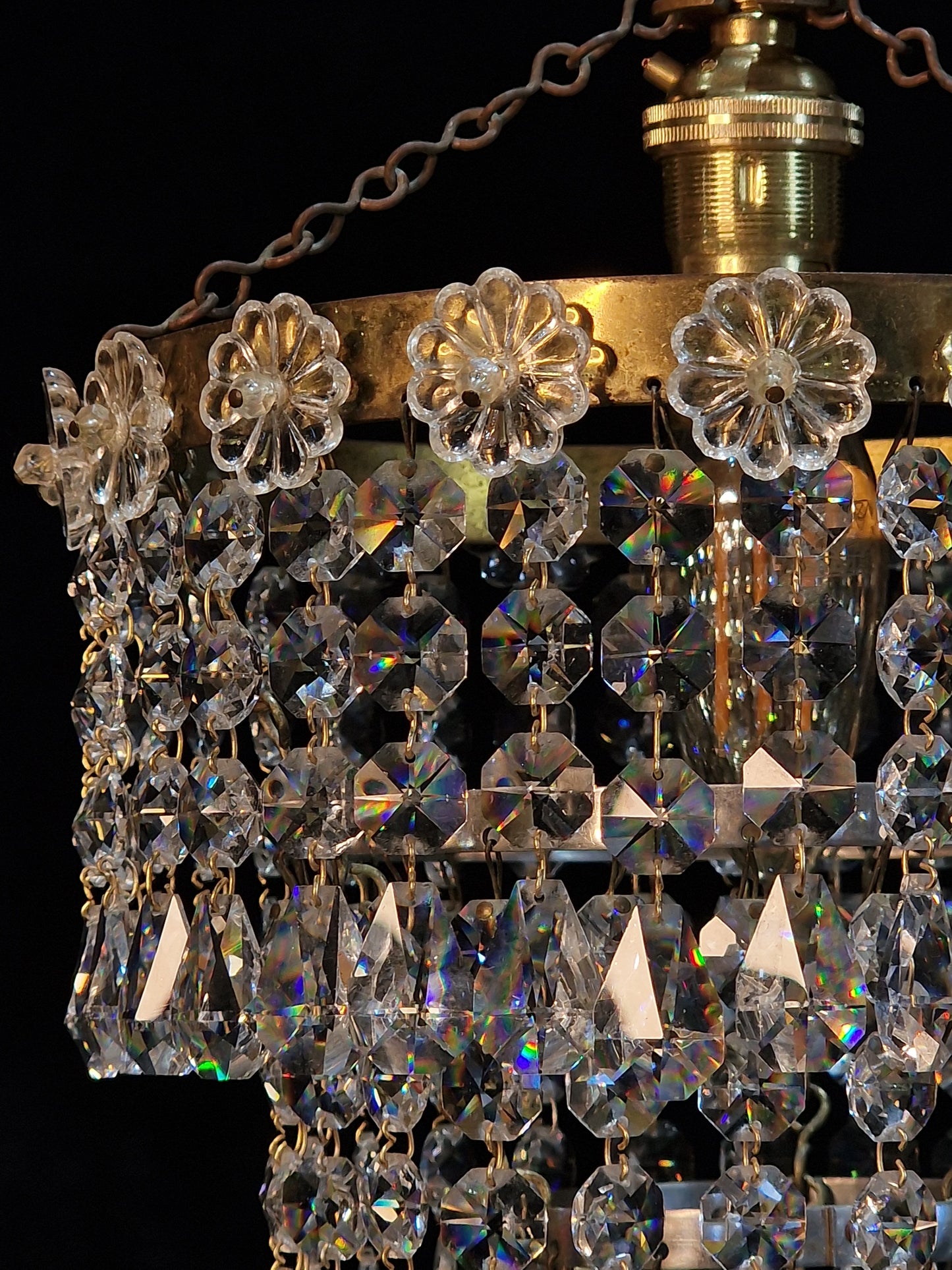 RESERVED Beautiful Vintage French Crystal Brass 3 Tier Waterfall Chandelier Ceiling Light