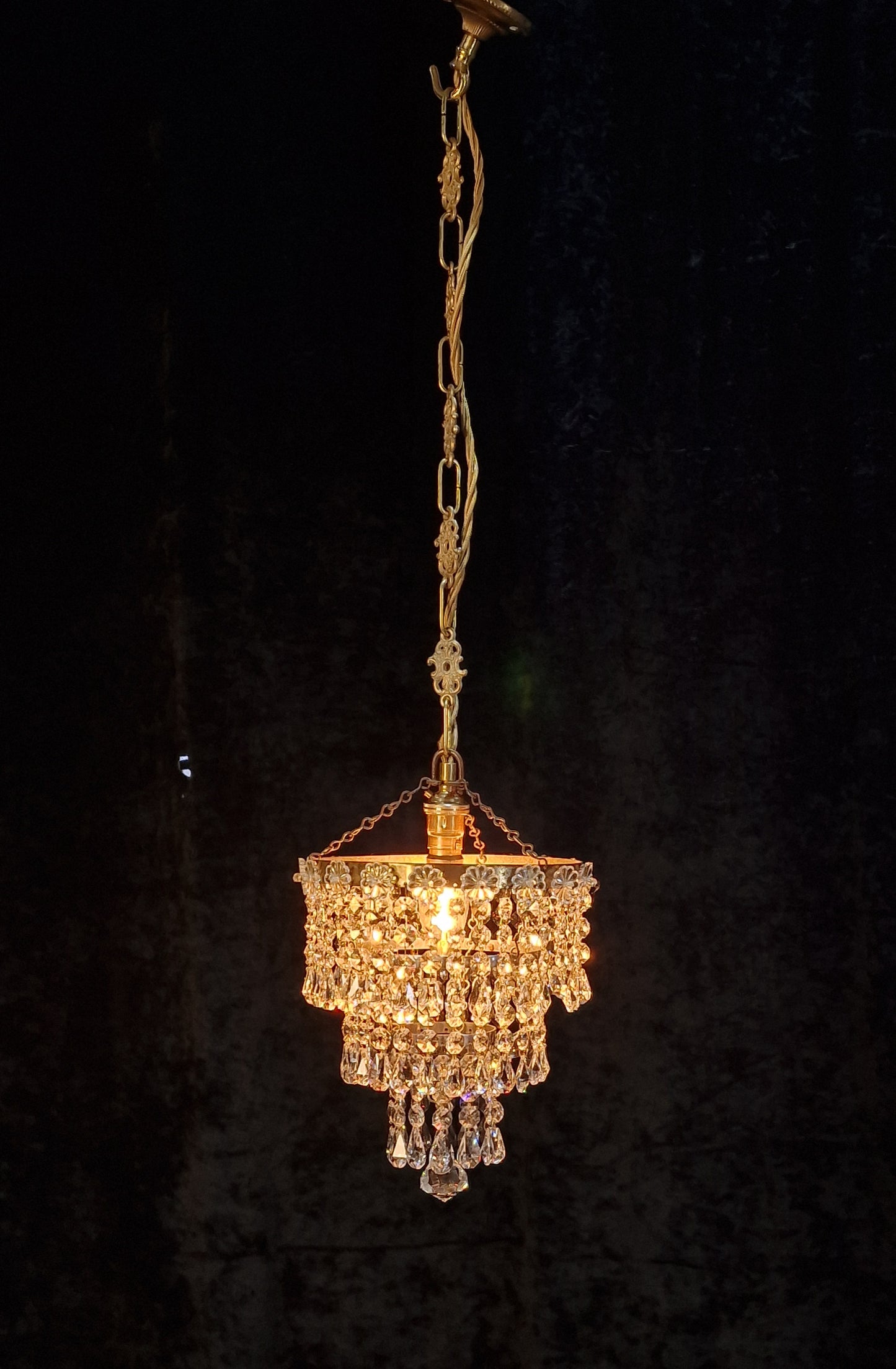 RESERVED Beautiful Vintage French Crystal Brass 3 Tier Waterfall Chandelier Ceiling Light