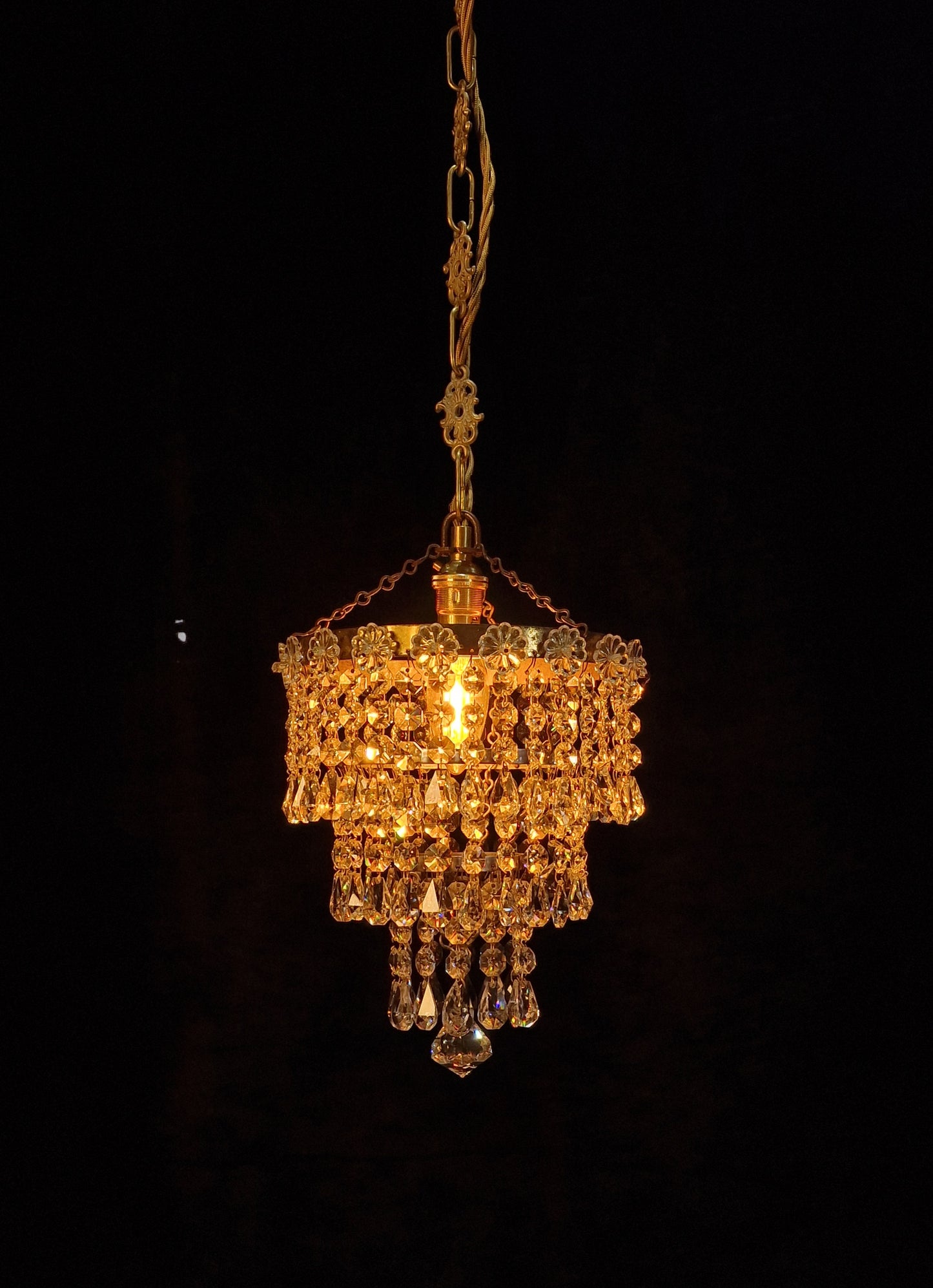 RESERVED Beautiful Vintage French Crystal Brass 3 Tier Waterfall Chandelier Ceiling Light