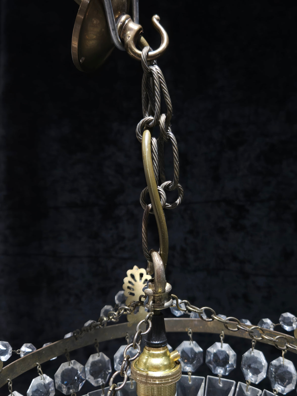 Lovely Vintage French 1 Light Crystal Brass Half Bag Leaf Chandelier