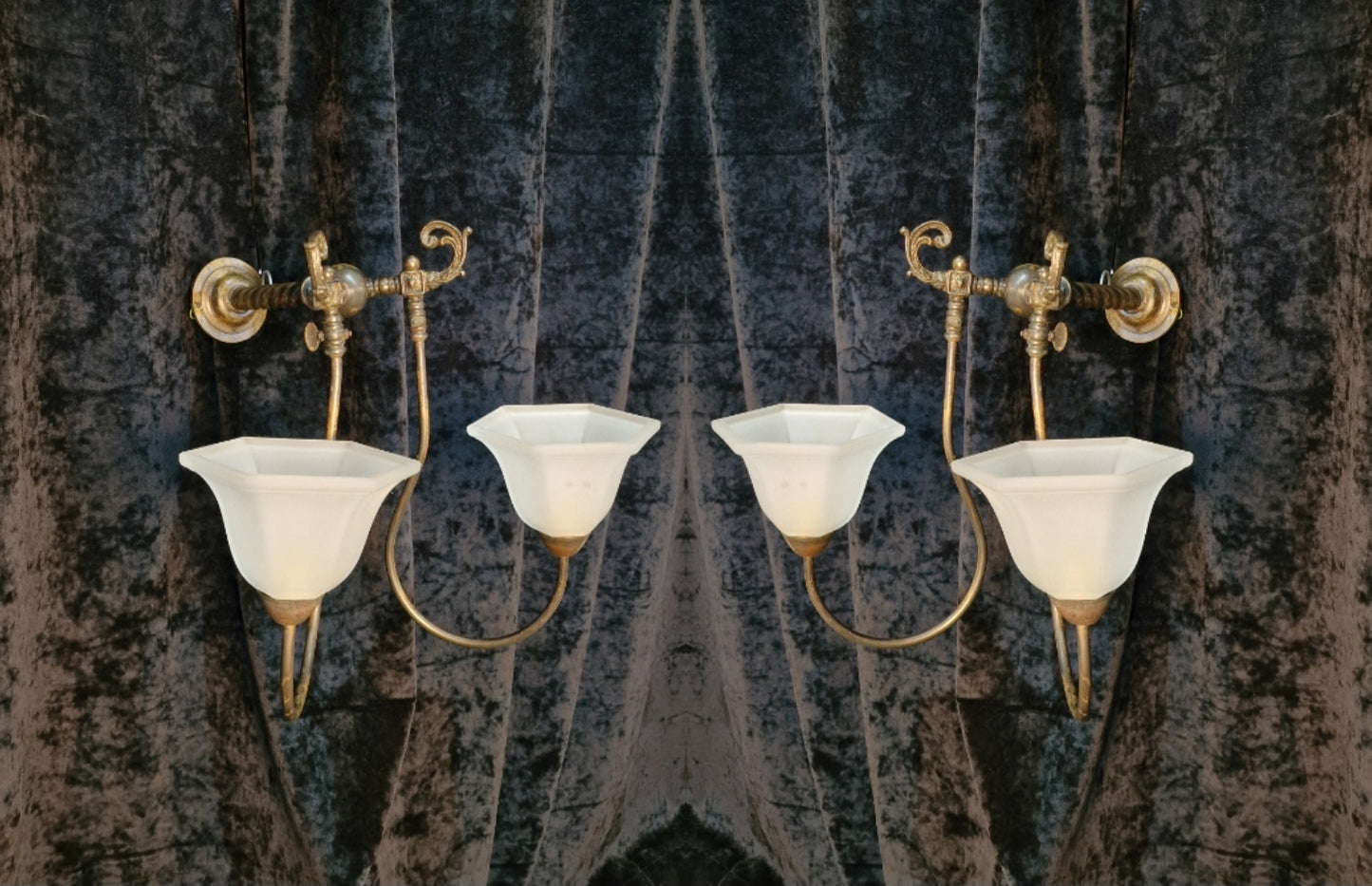Decorative Large Pair of Antique 2 Arm Brass Gas Converted Wall Lights Sconces