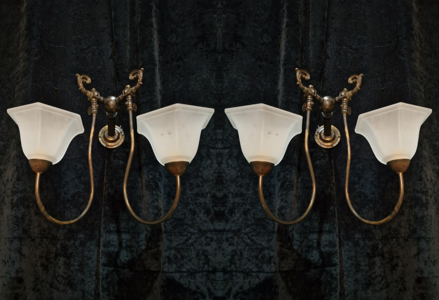 Decorative Large Pair of Antique 2 Arm Brass Gas Converted Wall Lights Sconces