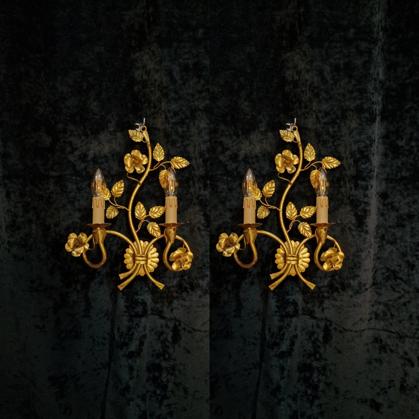 Gorgeous Pair Large Italian Florentine 2 Arm Toleware Sconces Wall Lights