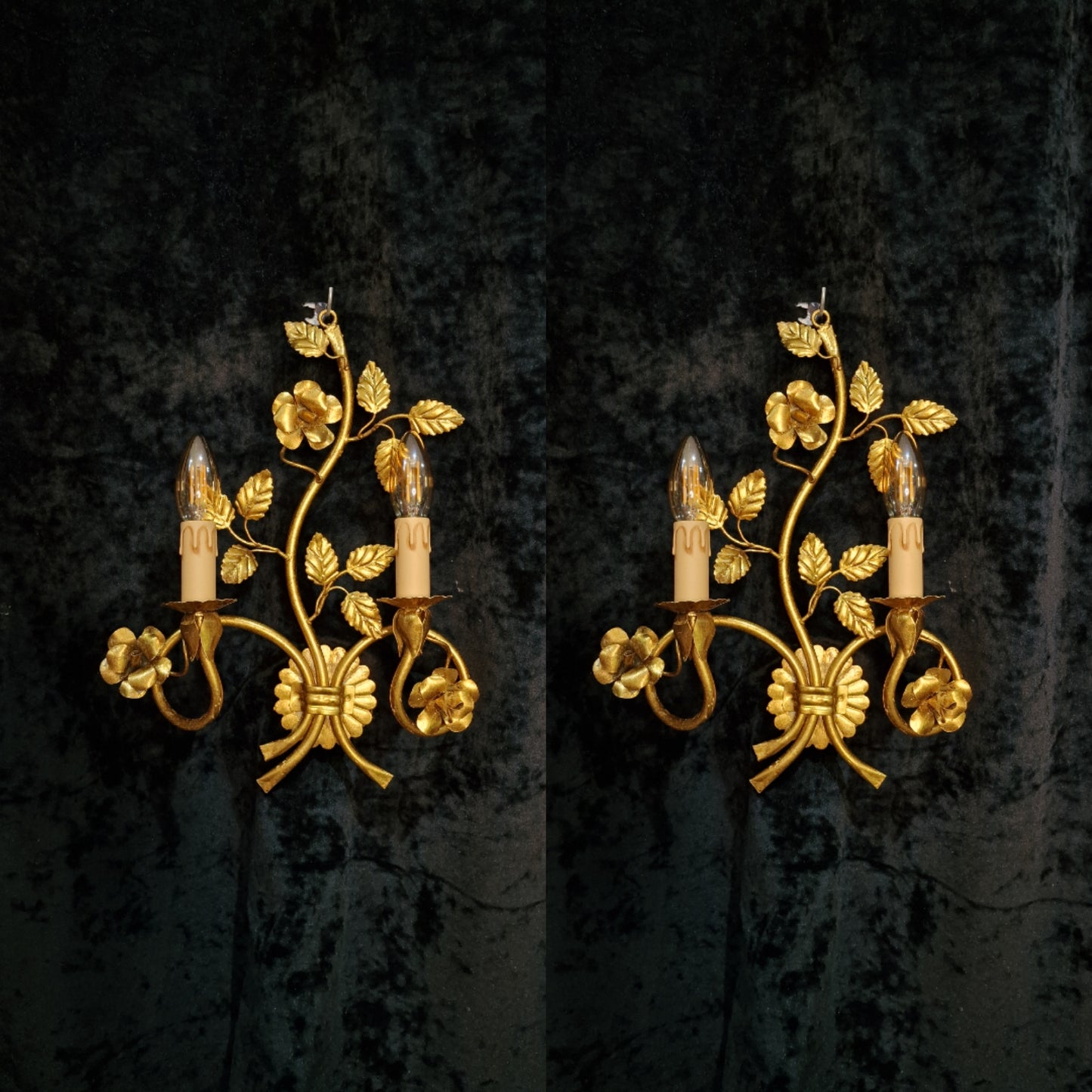 Gorgeous Pair Large Italian Florentine 2 Arm Toleware Sconces Wall Lights