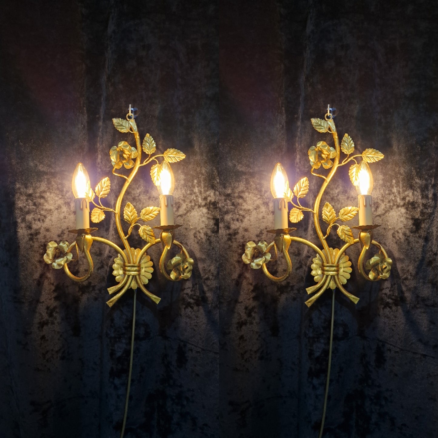 Gorgeous Pair Large Italian Florentine 2 Arm Toleware Sconces Wall Lights
