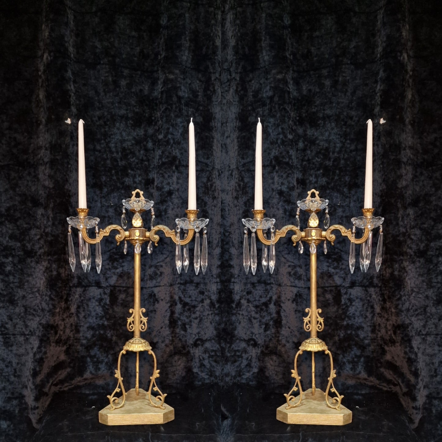Decorative Pair of Tall Antique French 2 Arm Brass & Crystal Candle Candelabras