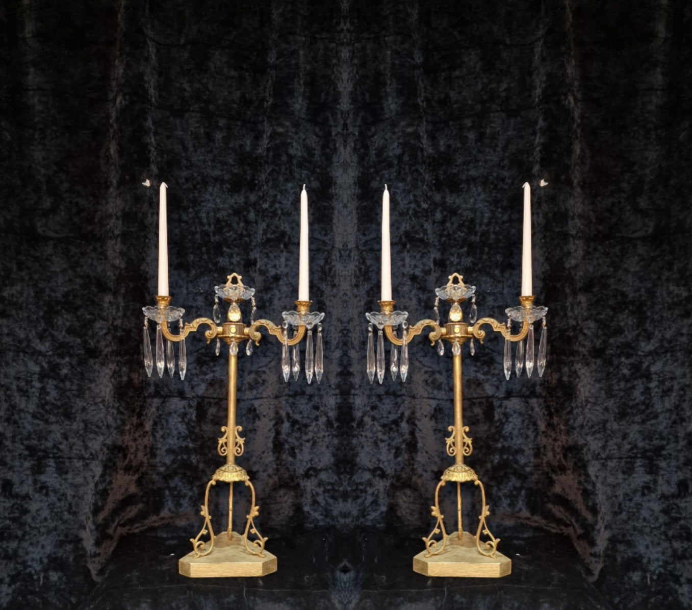 Decorative Pair of Tall Antique French 2 Arm Brass & Crystal Candle Candelabras