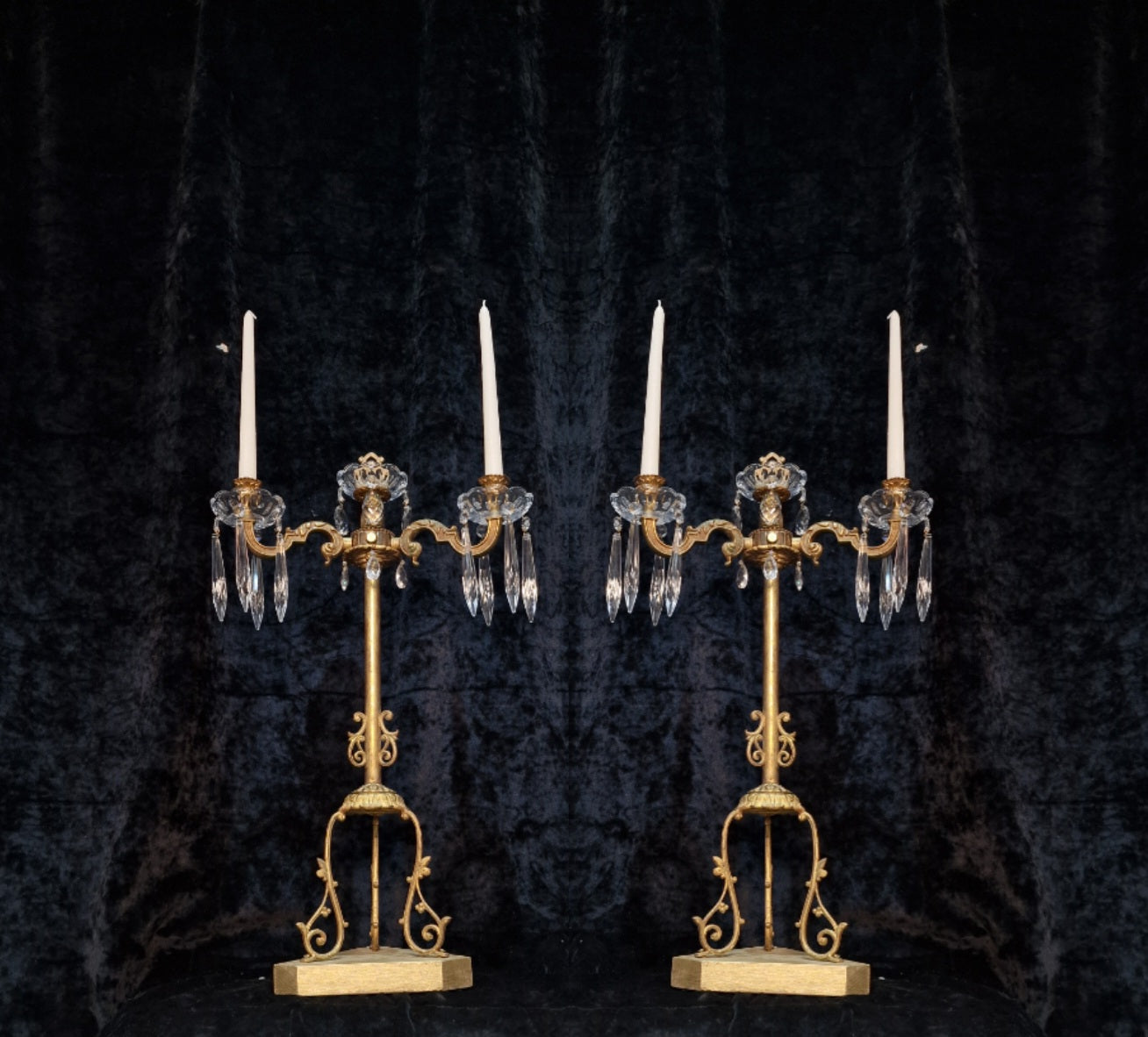 Decorative Pair of Tall Antique French 2 Arm Brass & Crystal Candle Candelabras