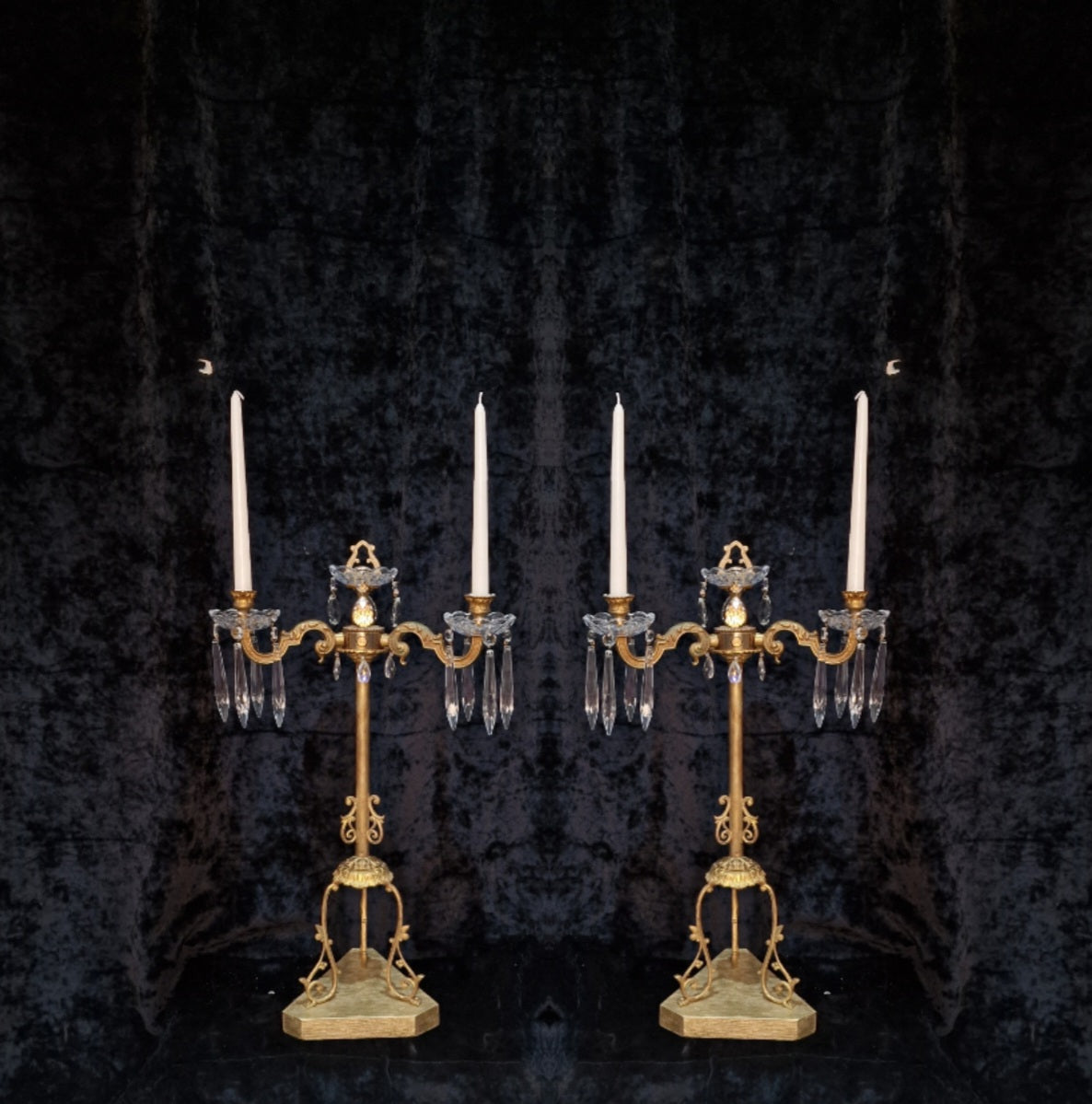 Decorative Pair of Tall Antique French 2 Arm Brass & Crystal Candle Candelabras