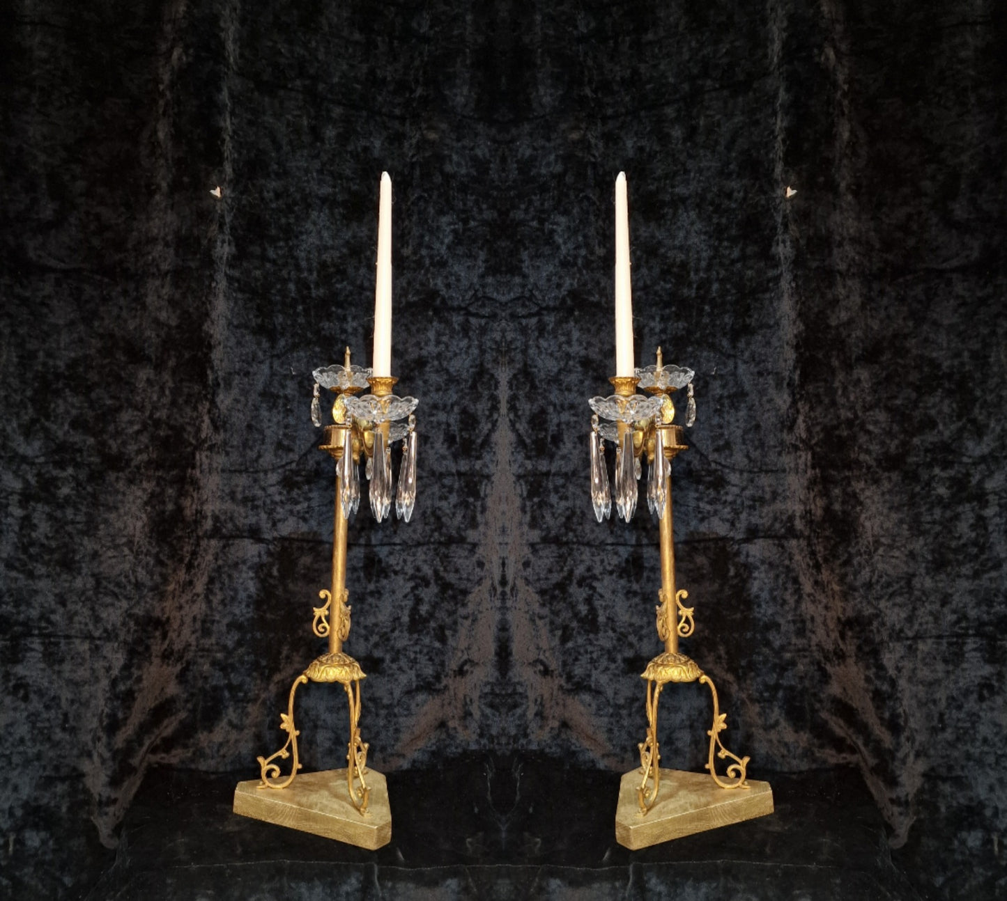 Decorative Pair of Tall Antique French 2 Arm Brass & Crystal Candle Candelabras