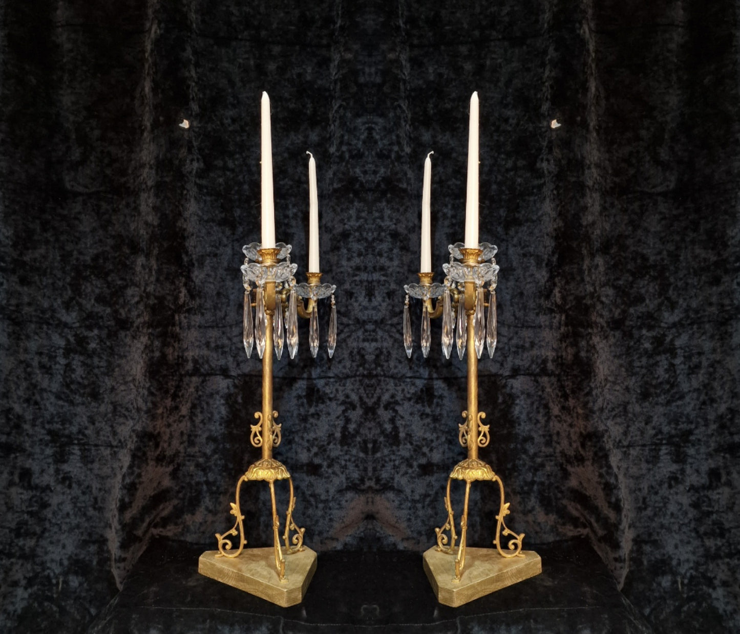 Decorative Pair of Tall Antique French 2 Arm Brass & Crystal Candle Candelabras