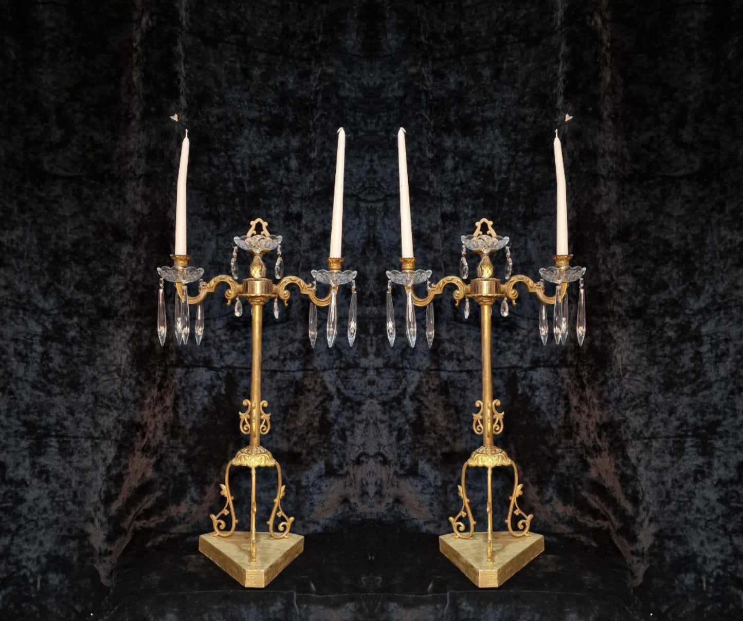Decorative Pair of Tall Antique French 2 Arm Brass & Crystal Candle Candelabras