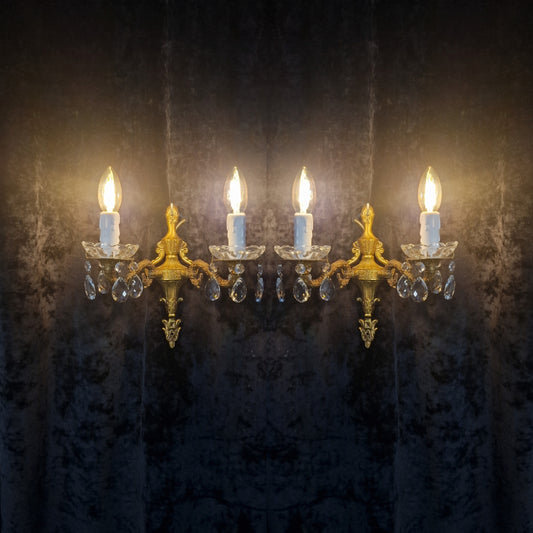 Decorative Pair Vintage Lacquered Spelter 2 Arm Crystal Wall Lights Sconces