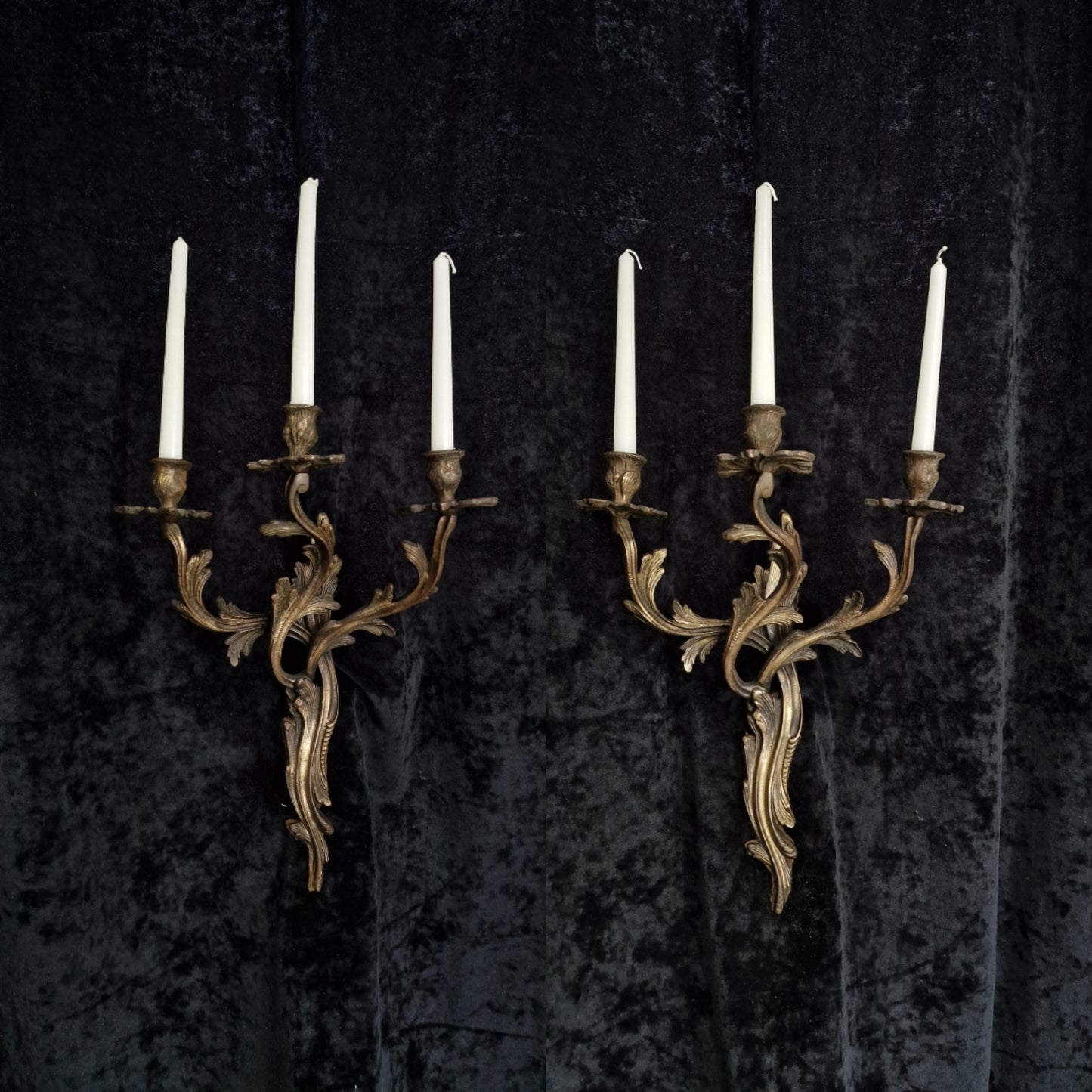 Decorative Large Antique French Heavy Solid Brass 3 Arm Candle Leaf Wall Lights