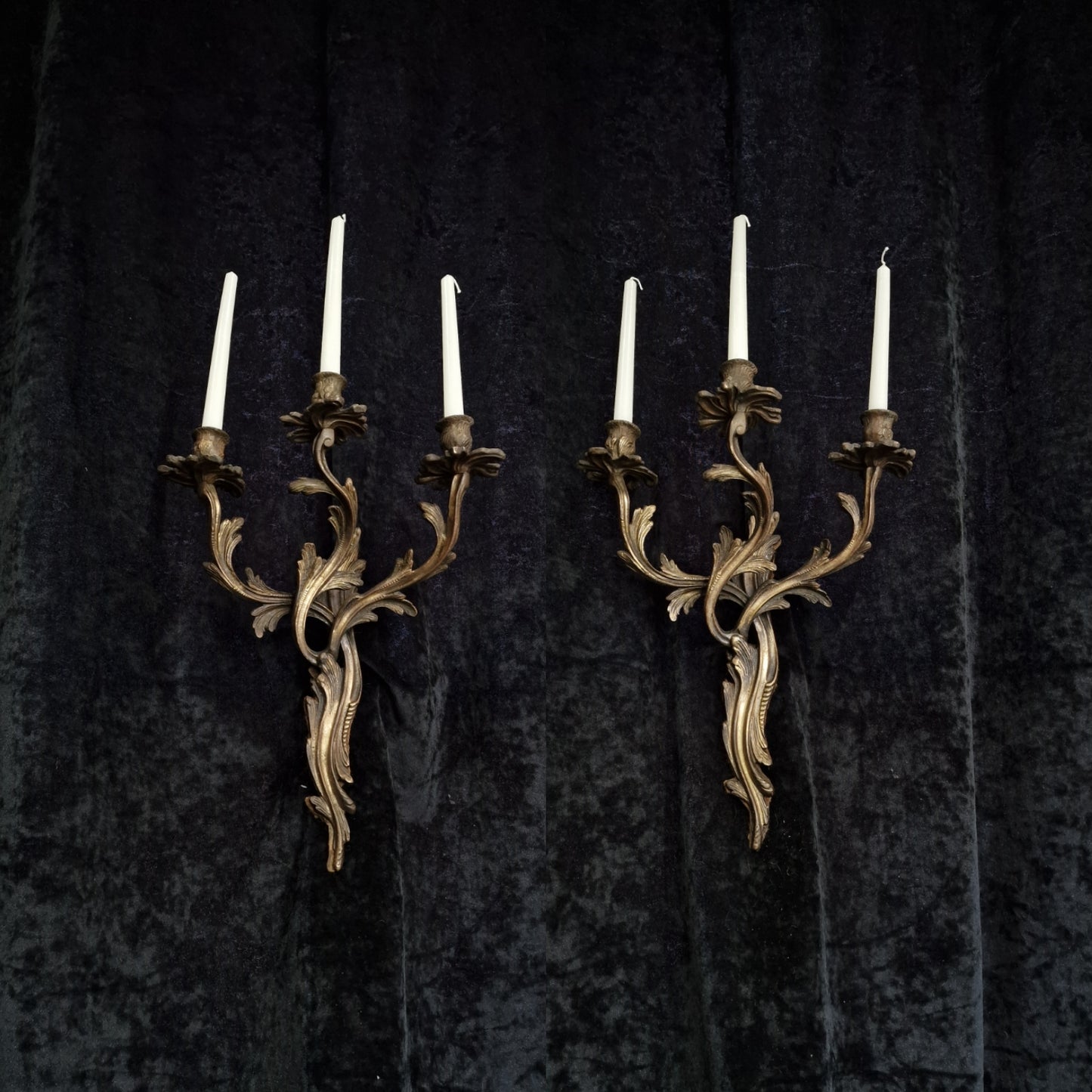 Decorative Large Antique French Heavy Solid Brass 3 Arm Candle Leaf Wall Lights