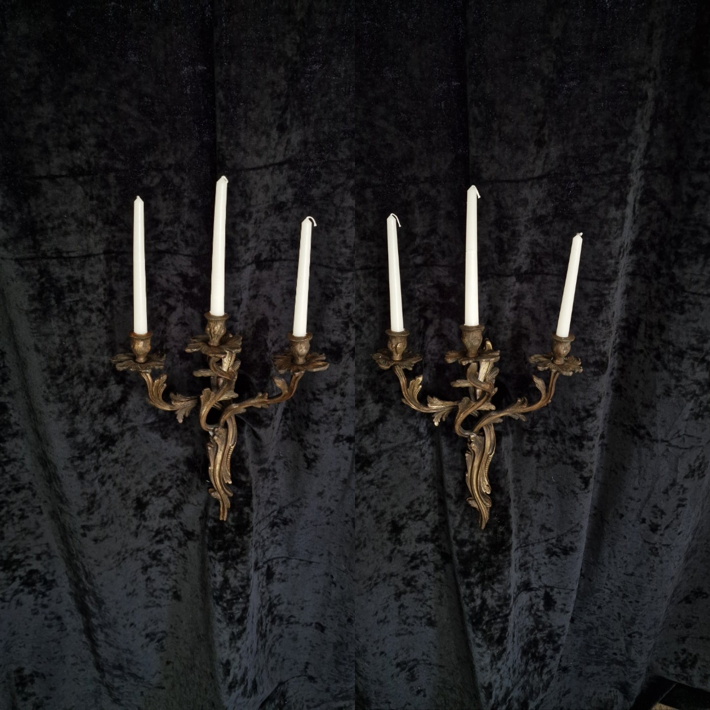 Decorative Large Antique French Heavy Solid Brass 3 Arm Candle Leaf Wall Lights