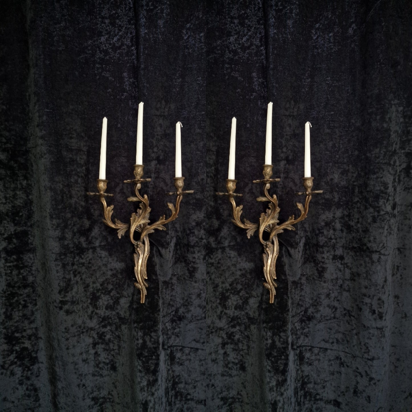 Decorative Large Antique French Heavy Solid Brass 3 Arm Candle Leaf Wall Lights