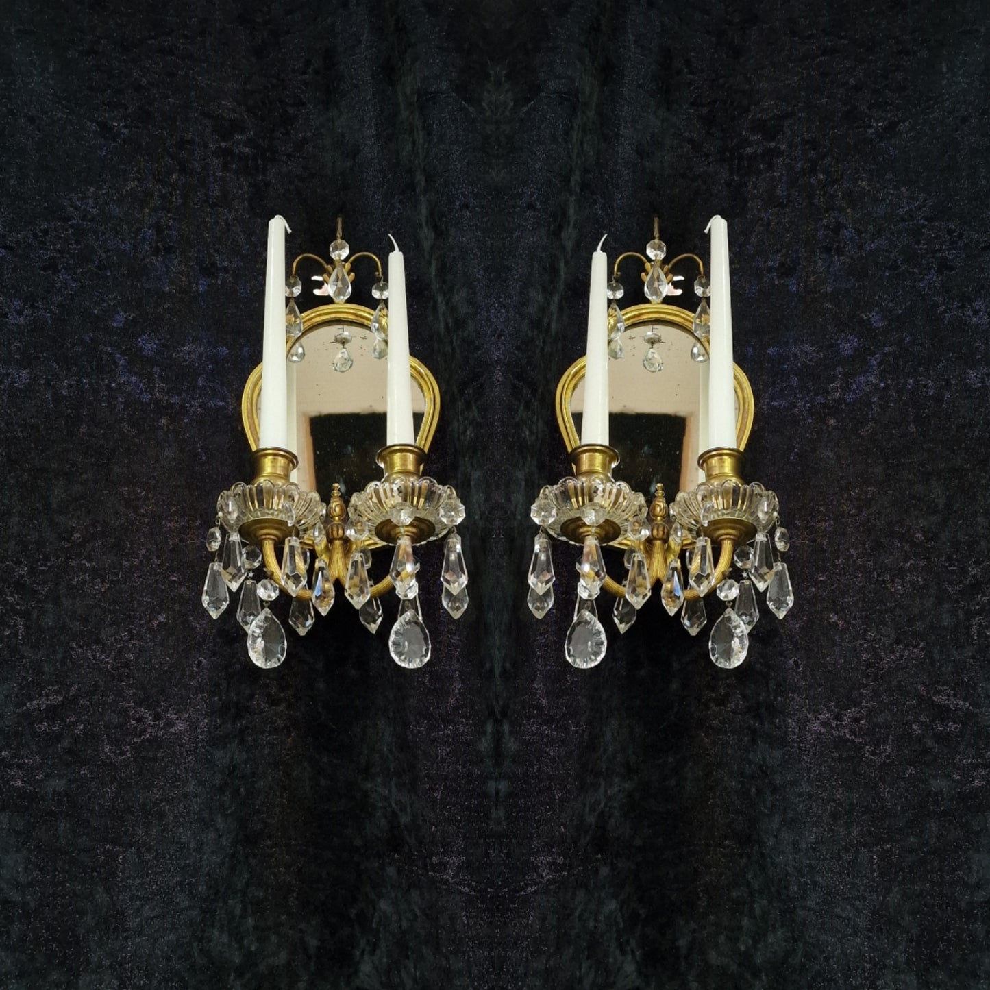 Gorgeous Pair Antique French 2 Arm Brass Crystal Candle Mirror Wall Sconces