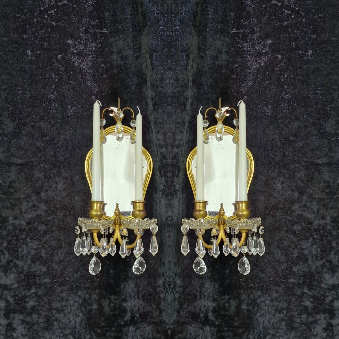 Gorgeous Pair Antique French 2 Arm Brass Crystal Candle Mirror Wall Sconces