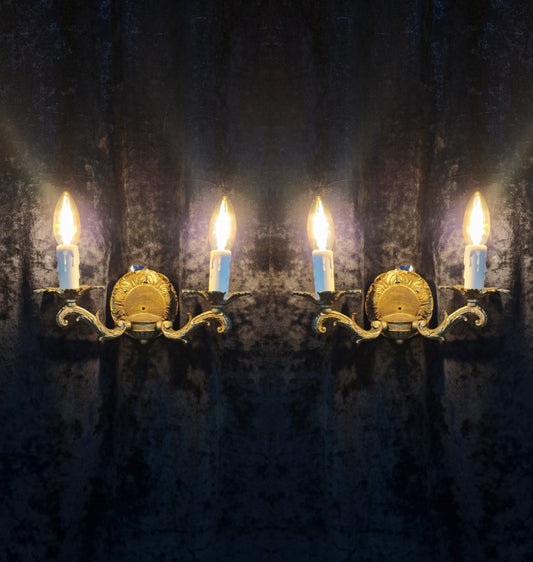 Decorative Pair of Vintage French 2 Arm Brass Leaf Wall Lights Sconces