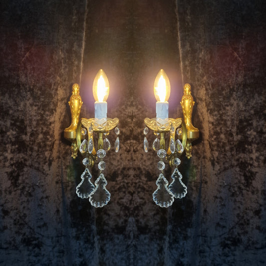 Lovely Pair of Vintage French Leaf Brass Crystal 1 Arm Wall Lights Sconces