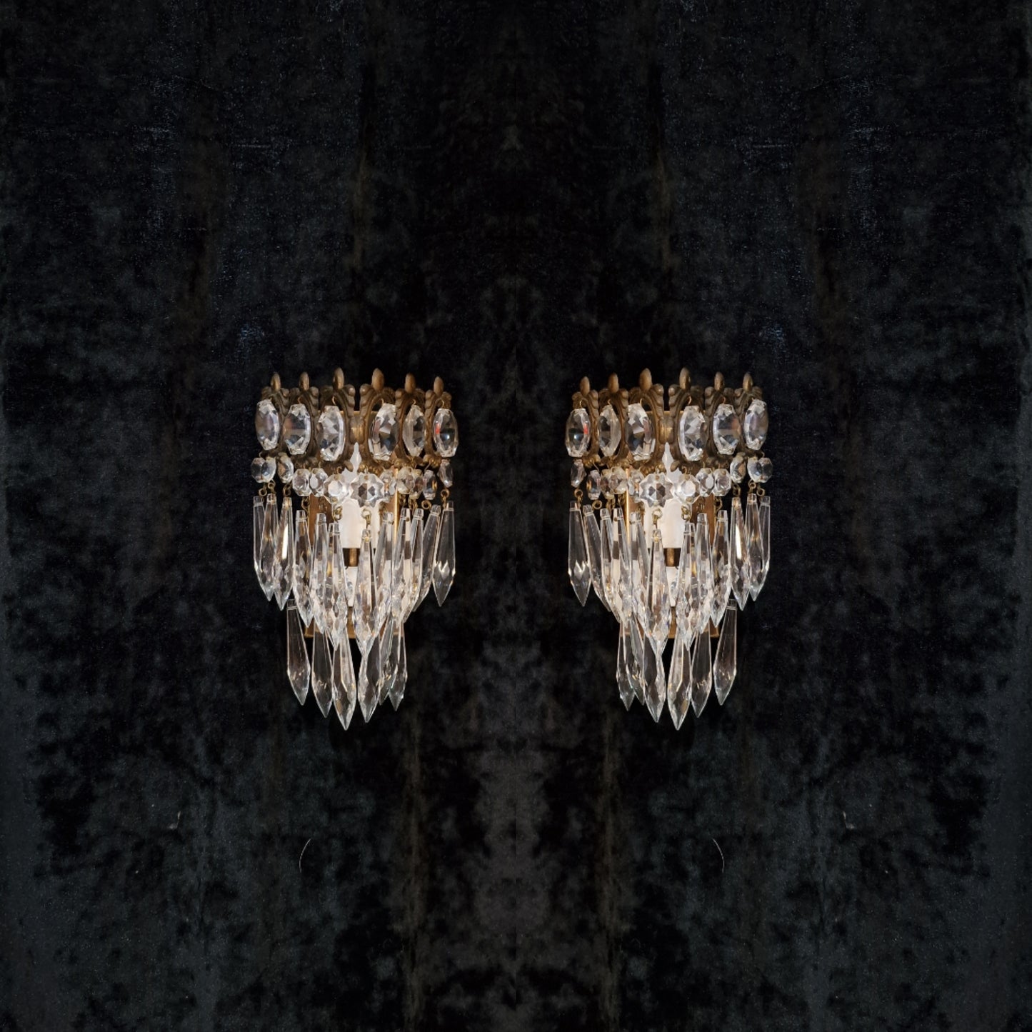 RESERVED Stunning Pair of Vintage Italian 1 Light Brass Triangle Crystal Wall Sconces