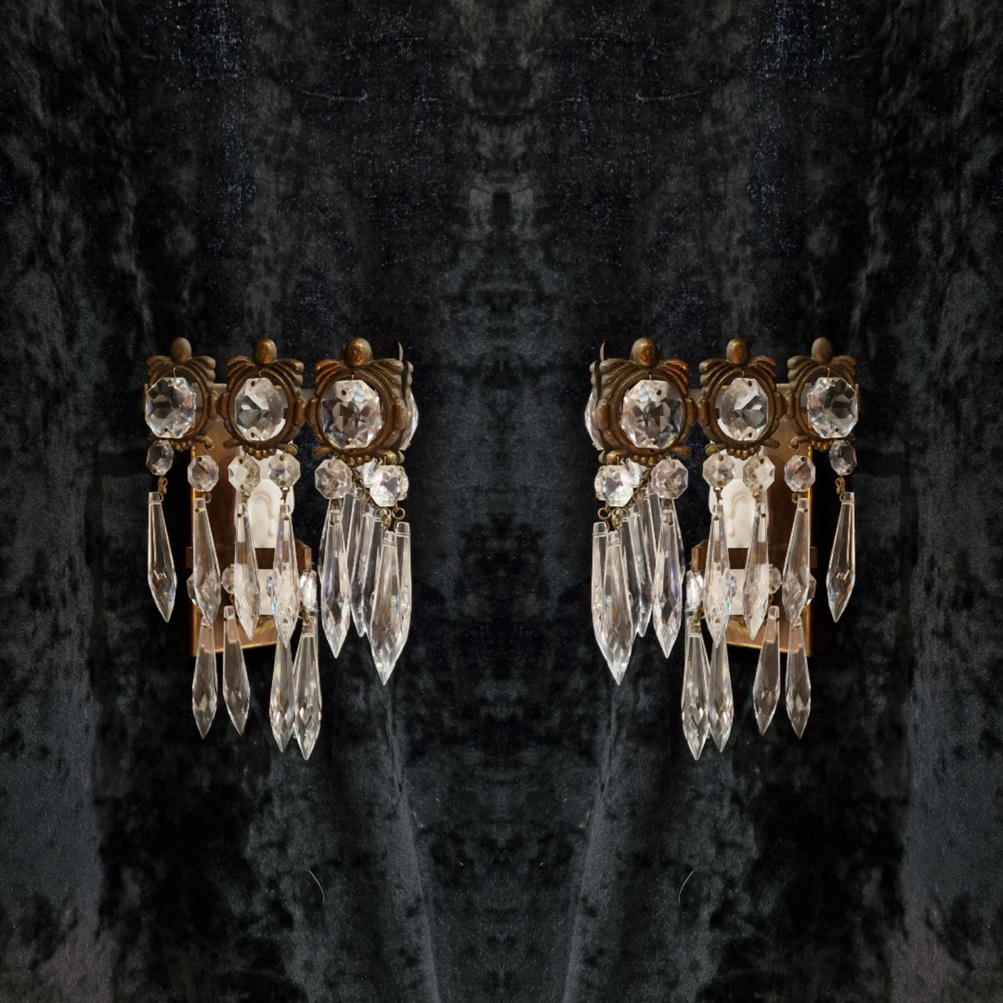 RESERVED Stunning Pair of Vintage Italian 1 Light Brass Triangle Crystal Wall Sconces