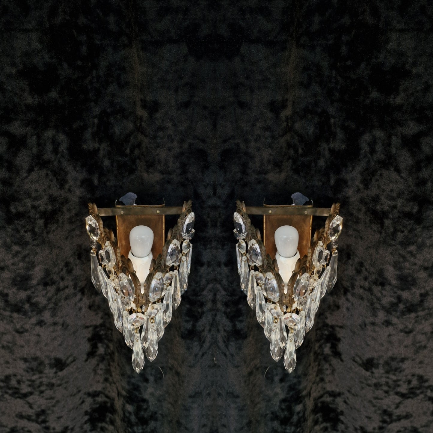 RESERVED Stunning Pair of Vintage Italian 1 Light Brass Triangle Crystal Wall Sconces