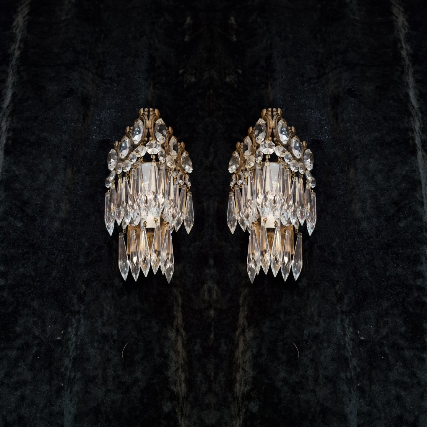 RESERVED Stunning Pair of Vintage Italian 1 Light Brass Triangle Crystal Wall Sconces