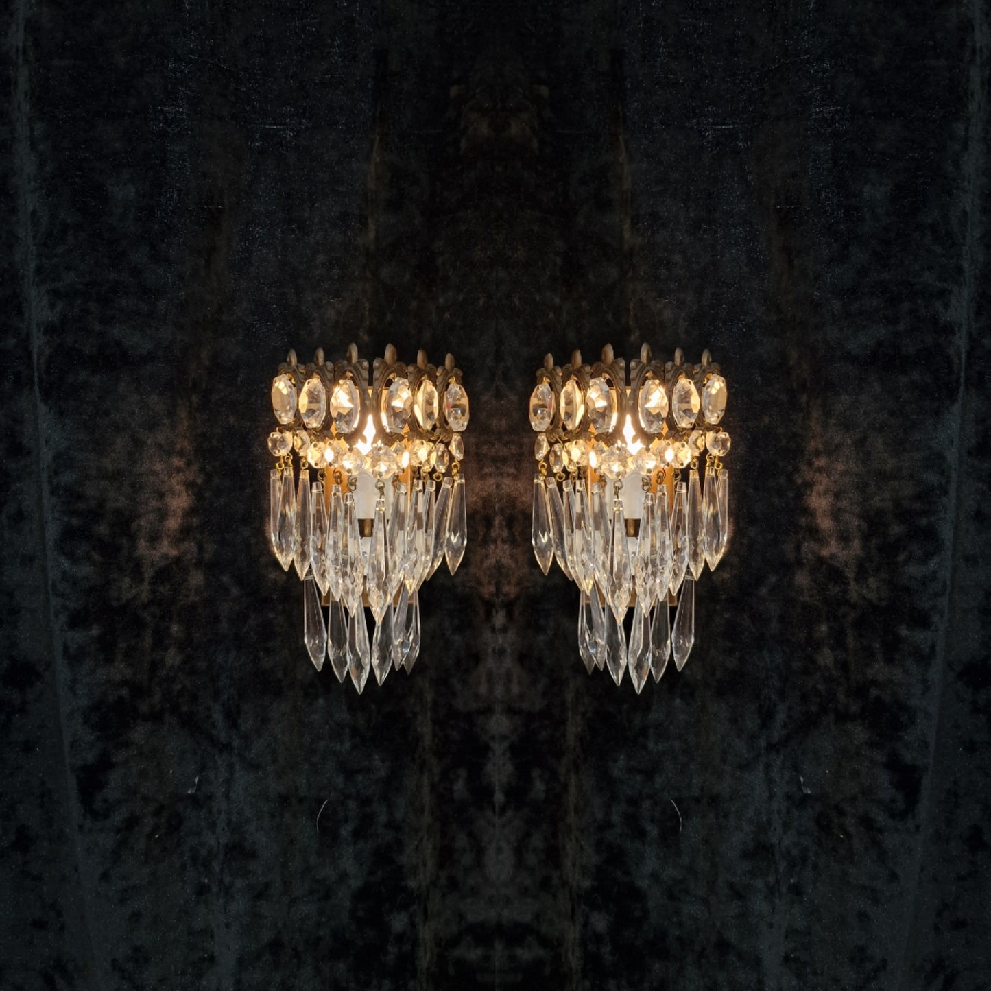 RESERVED Stunning Pair of Vintage Italian 1 Light Brass Triangle Crystal Wall Sconces