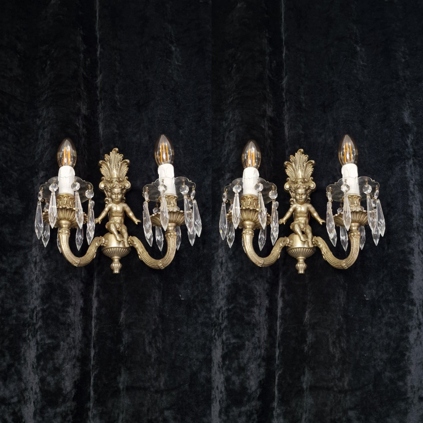 Traditional Pair Heavy Vintage French Silvered 2 Arm Cherub Sconces Wall Lights
