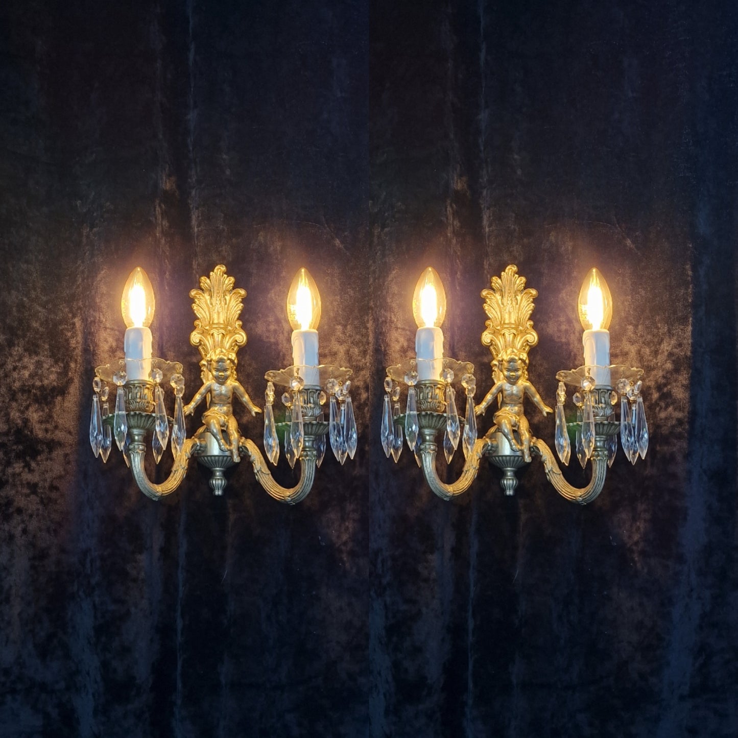 Traditional Pair Heavy Vintage French Silvered 2 Arm Cherub Sconces Wall Lights