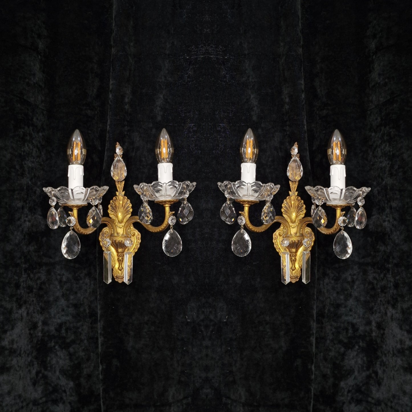 Lovely Pair of Vintage French 2 Arm Leaf Brass Crystal Wall Lights Sconces