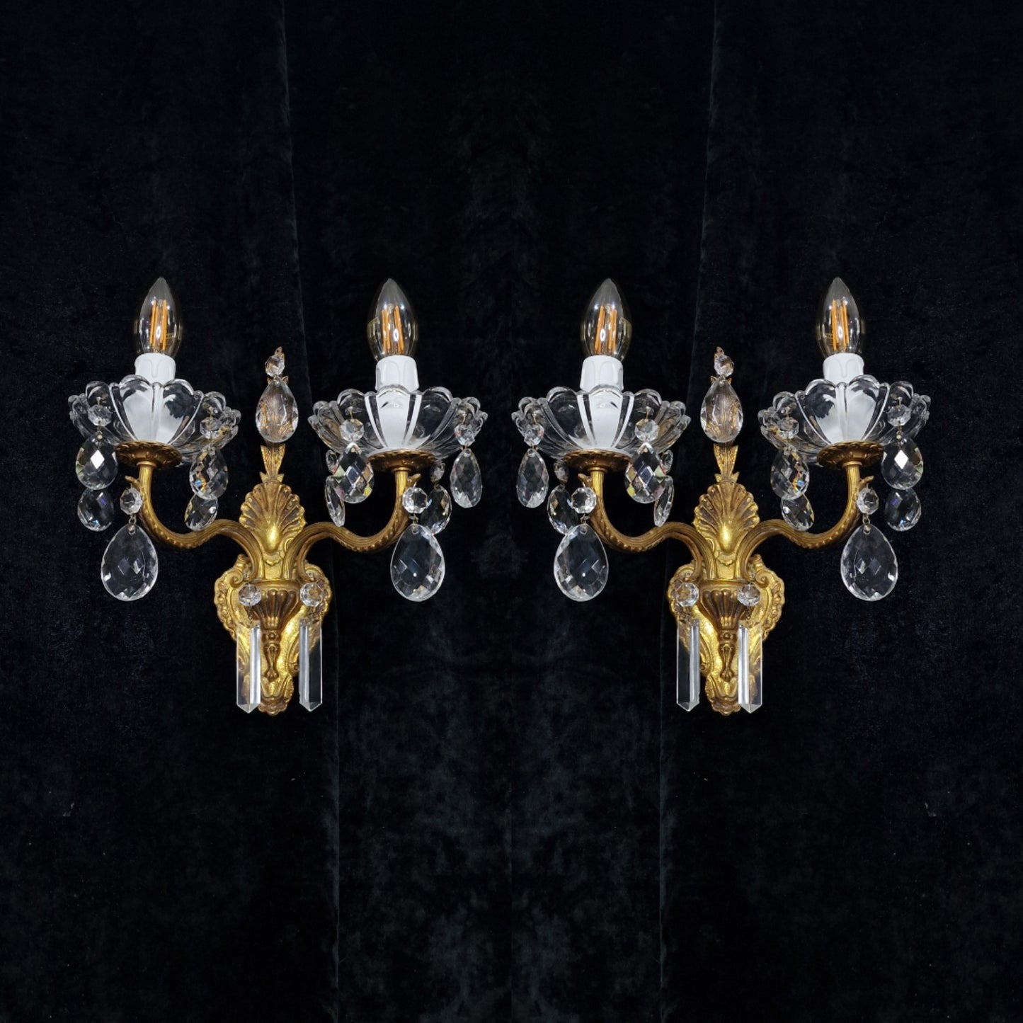 Lovely Pair of Vintage French 2 Arm Leaf Brass Crystal Wall Lights Sconces