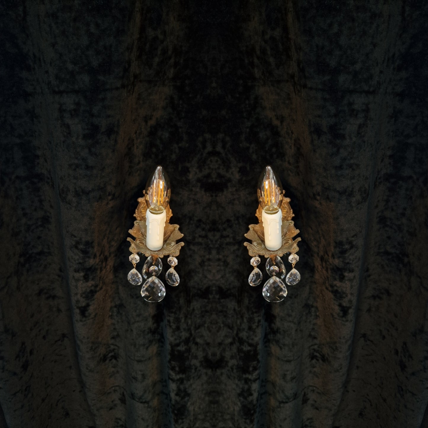 Beautiful Pair of Vintage French Leaf Brass Crystal 1 Arm Wall Lights Sconces