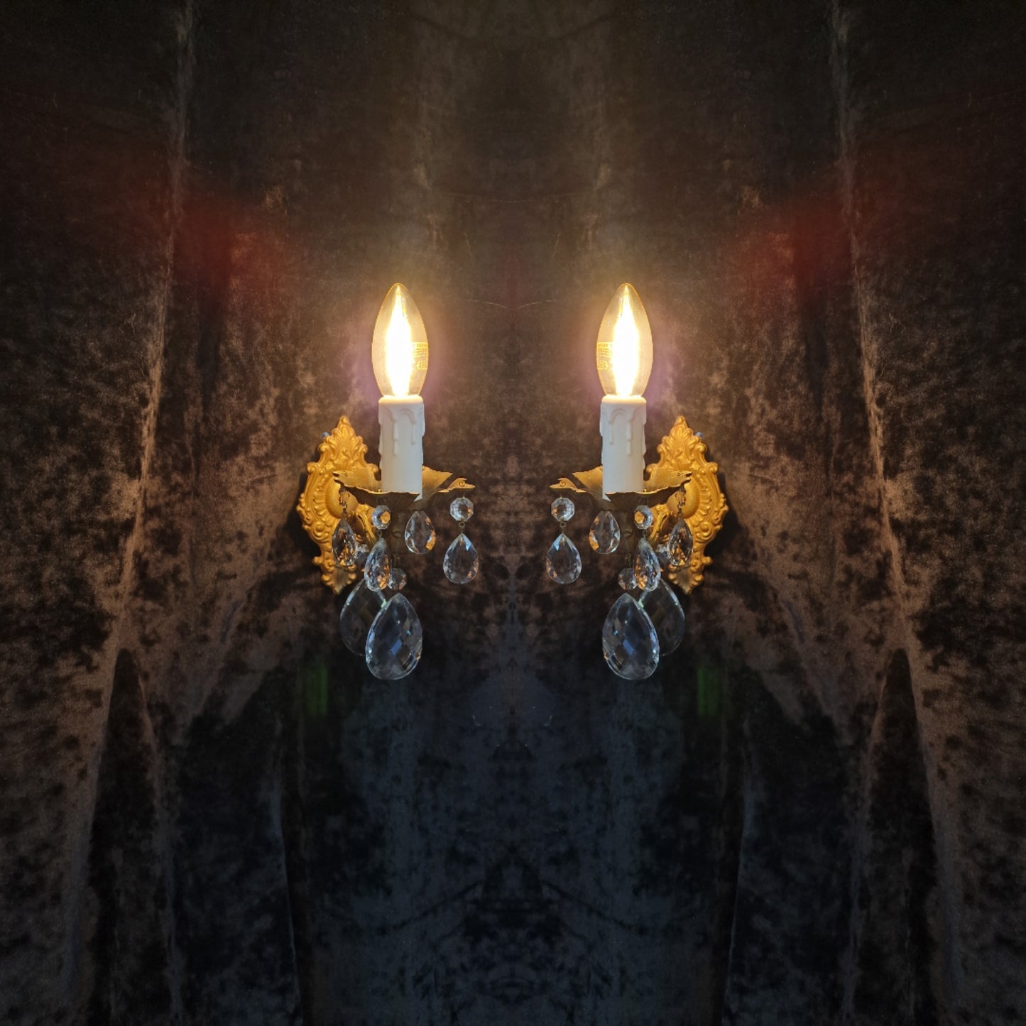 Beautiful Pair of Vintage French Leaf Brass Crystal 1 Arm Wall Lights Sconces