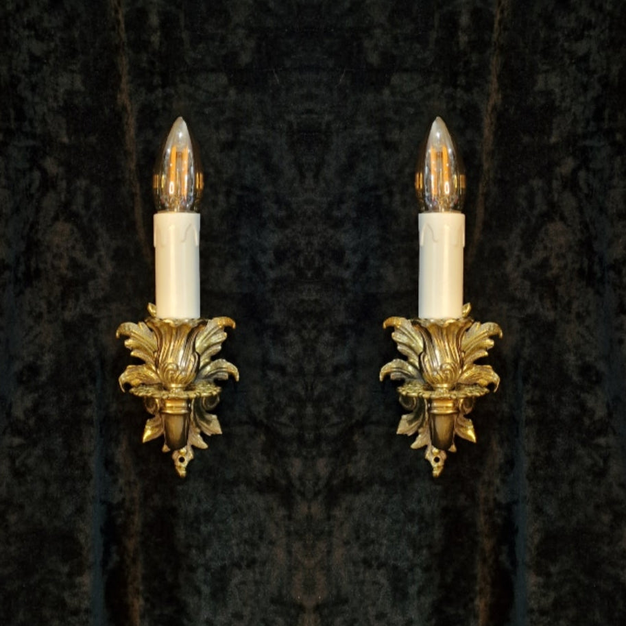 Traditional Pair of Vintage French Rococo Style Single-Arm Brass Wall Sconces