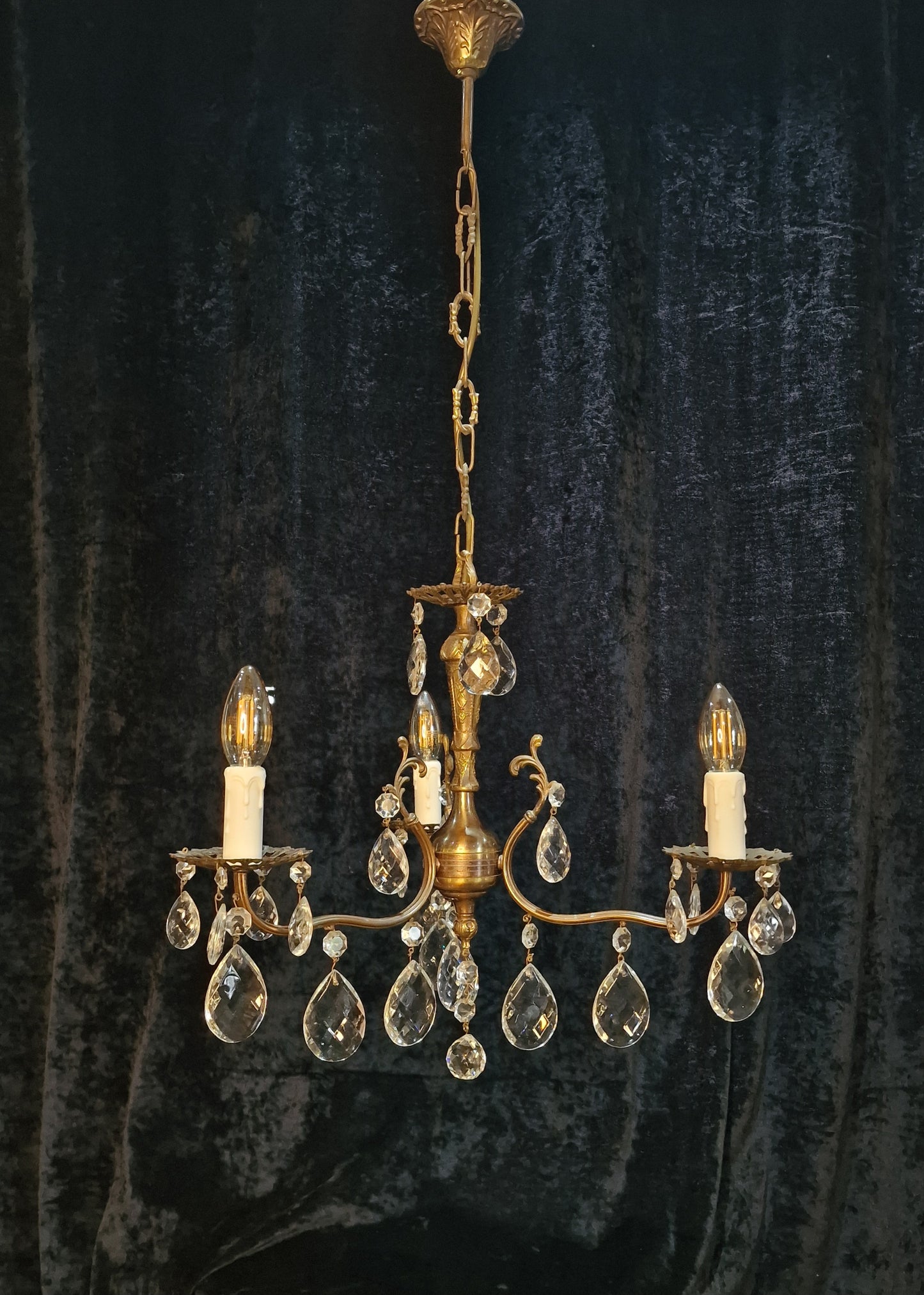 RESERVED Beautiful Vintage Italian 3 Arm Crystal Aged Brass Leaf Chandelier Ceiling Light